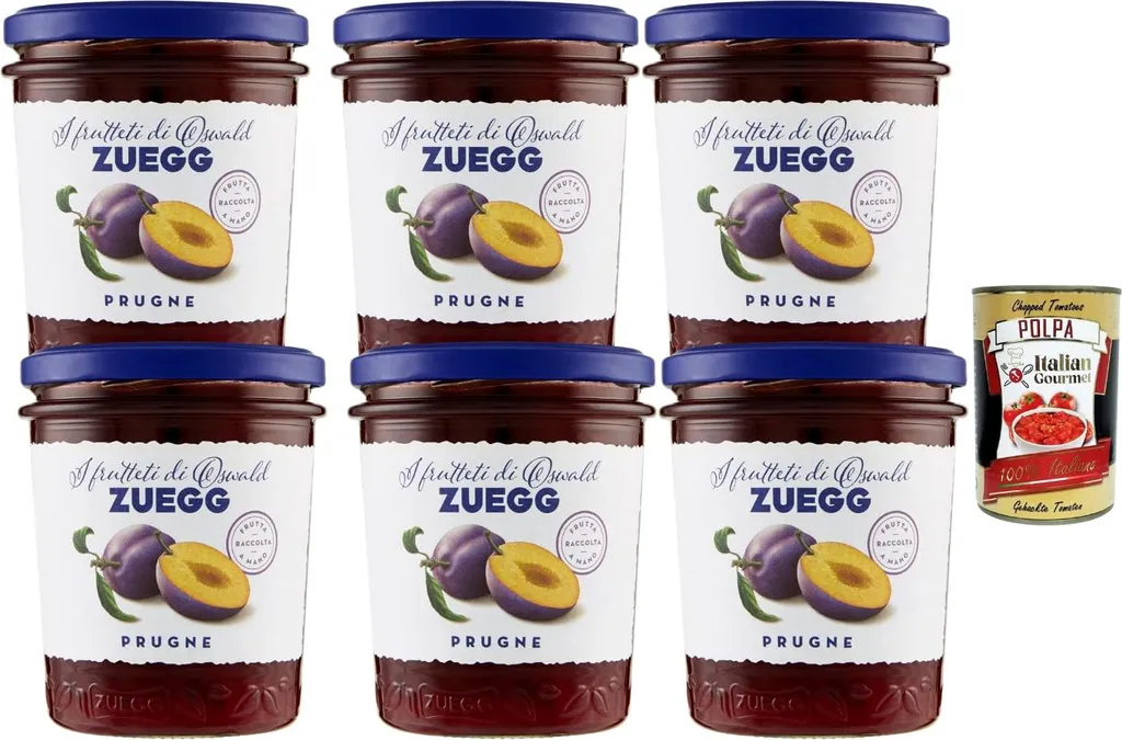 Italian Gourmet bundle for Zuegg plum jam 6x320g, hand-picked fruit, intense flavor, ideal for breakfast & baking + Italian Gourmet Polpa