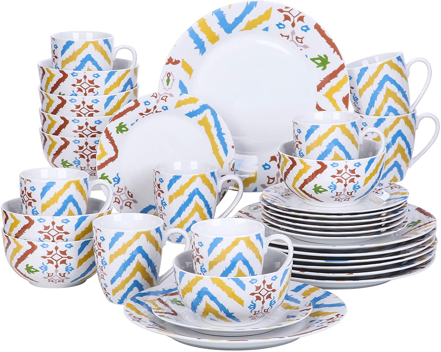 Veweet 32-piece Porcelain Dinner Set, 16-piece Crockery Set includes 10.75 inch (27 cm) Dinner Plate, 7.5 inch (19 cm) Dessert Plate, 5.5 inch (14 cm) Bowl and 380 ml Coffee Mug, Complete Service for 4/8 People