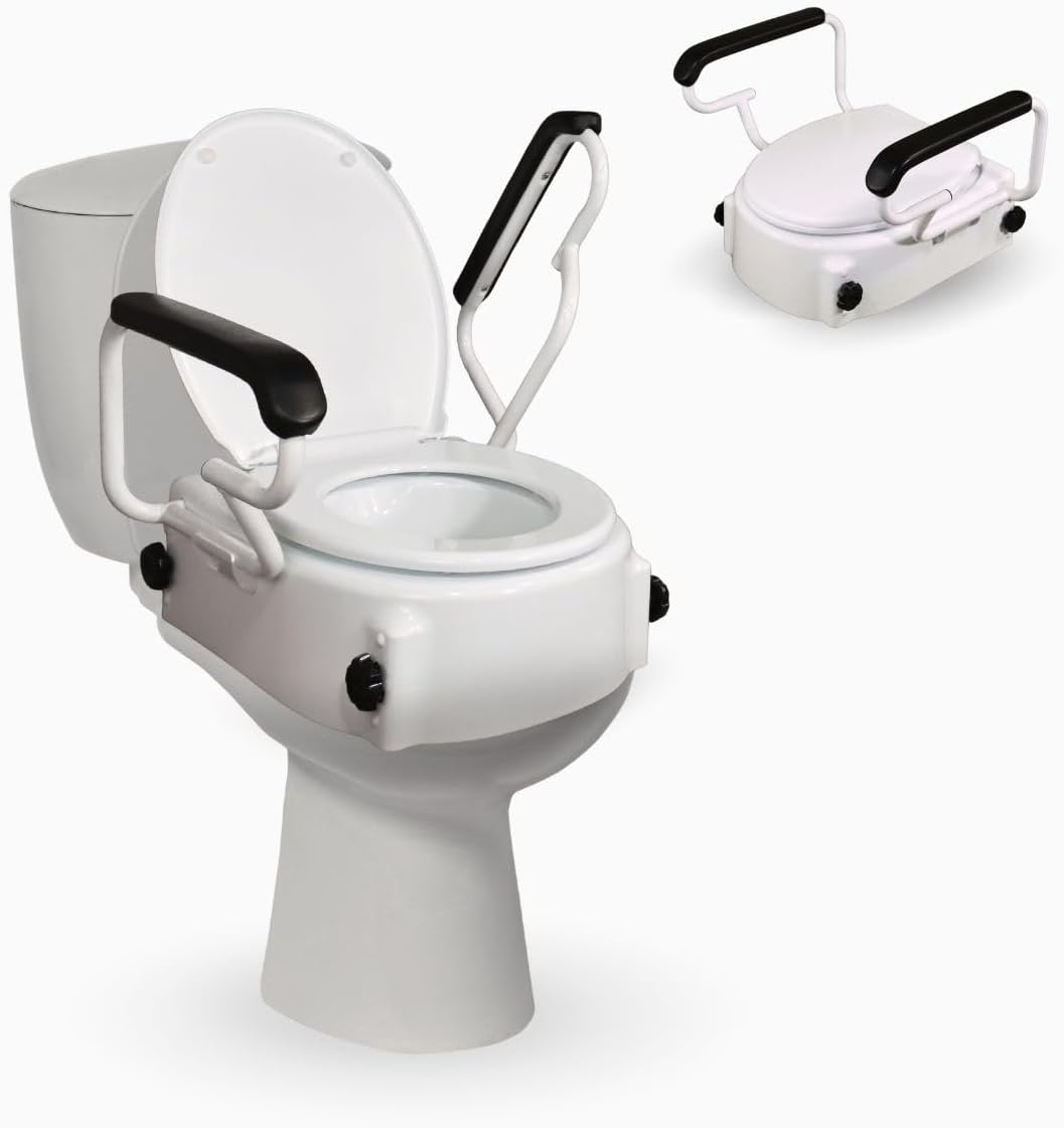 Mobiclinic Store Mobiclinic, Toilet Seat Raiser with Folding Armrests, Tajo, 19 cm, with Lid, Height Adjustable (3 Levels), Tilting, Ideal for Seniors and Disabled People, White