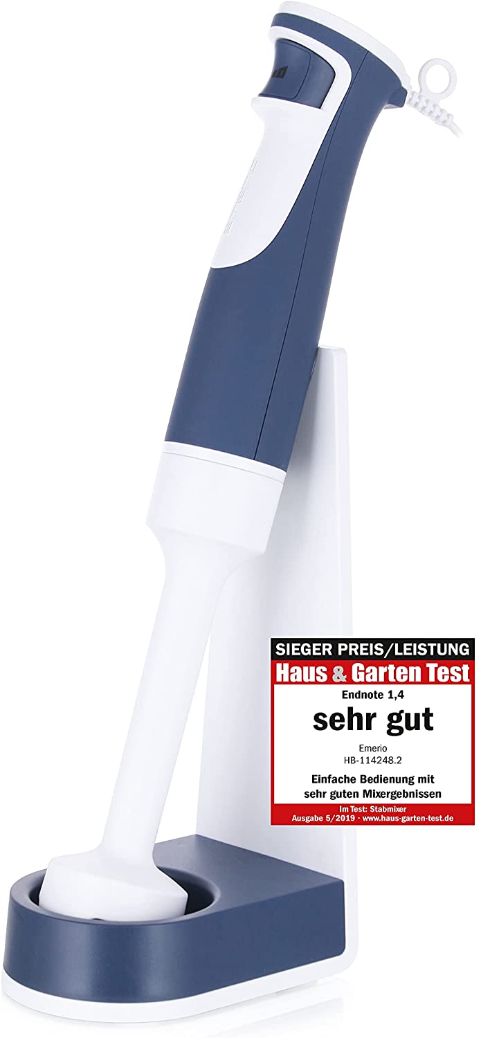 Emerio HB-114248.2 Hand Blender Set, BPA Free, Swiss Design, 1 Finger Speed ​​Control, High Performance DC Motor, 500 Watt, White/Blue