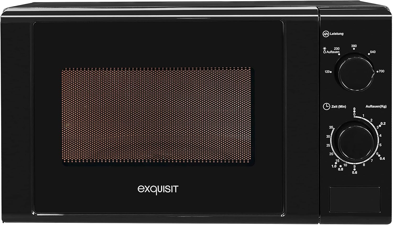 Exquisit® Microwave 20L 700W 5 Power Levels Black Interior Paint Quick Start Defrost Plate 25.5cm Push Button Opening Dimensions 25.8 x 43.9 x 32.3cm