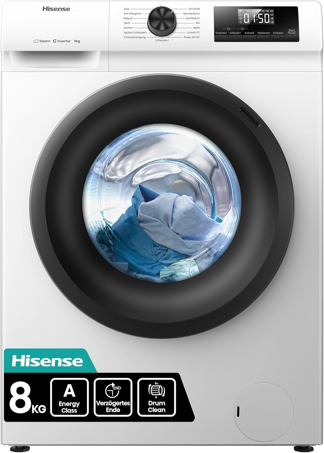 Hisense WF1Q8041BW Washing Machine with Steam Function / 8 kg / 1400 rpm / 15 Programmes / Anti-Allergy Program / Baby Laundry / AutoWash / Quick Wash / Down / Eco / Power 49 Inches / Delayed End / Energy Efficiency Class A / White