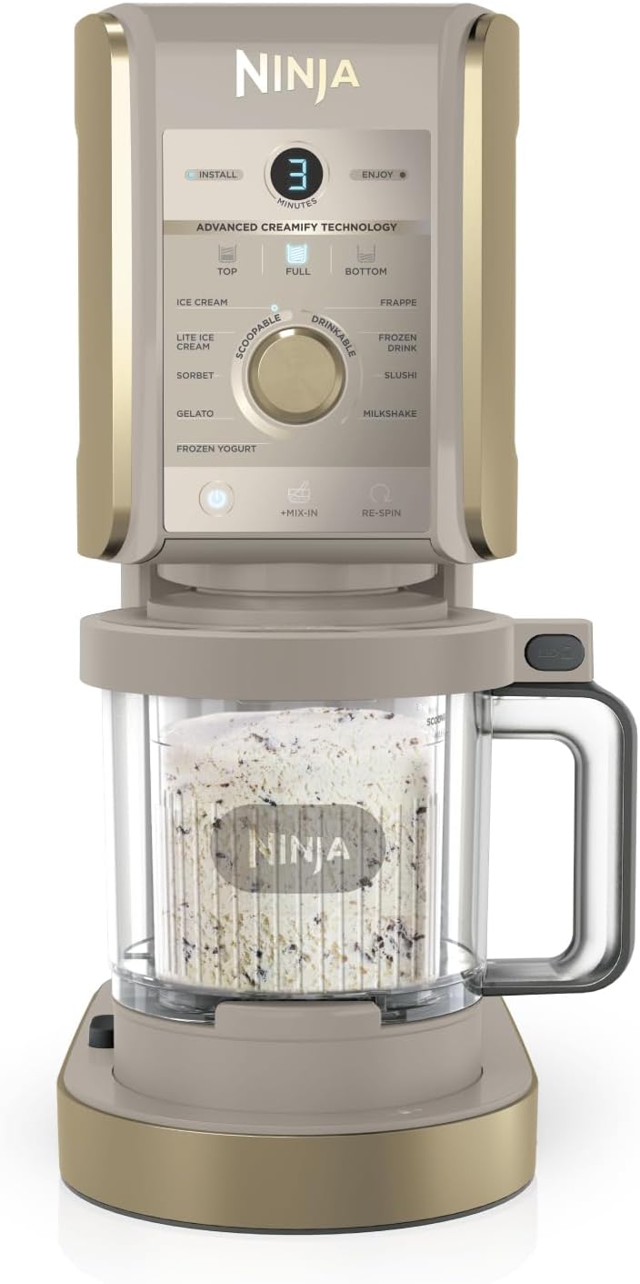 Ninja CREAMi Deluxe Ice Cream Maker with 2 Containers, 10 Functions, Dessert & Ice Cream Maker for Ice Cream, Sorbet, Frozen Yogurt, Milkshakes, Slushi, 2-in-1 Flavor Option, Stone Gold, NC502EUSTGD