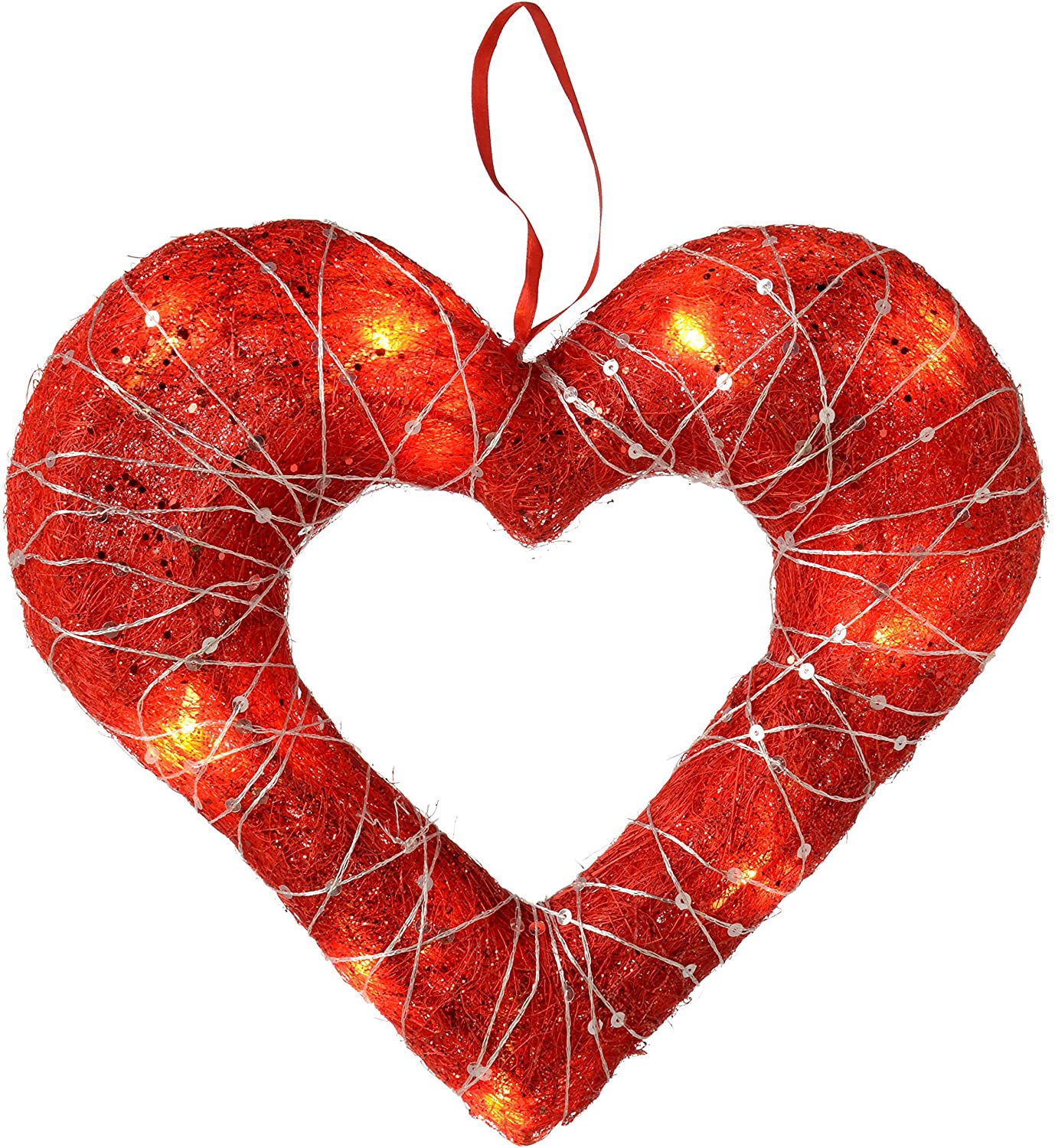 WeRChristmas 30 cm Red Sisal Heart with Silver Glitter Christmas Woven String