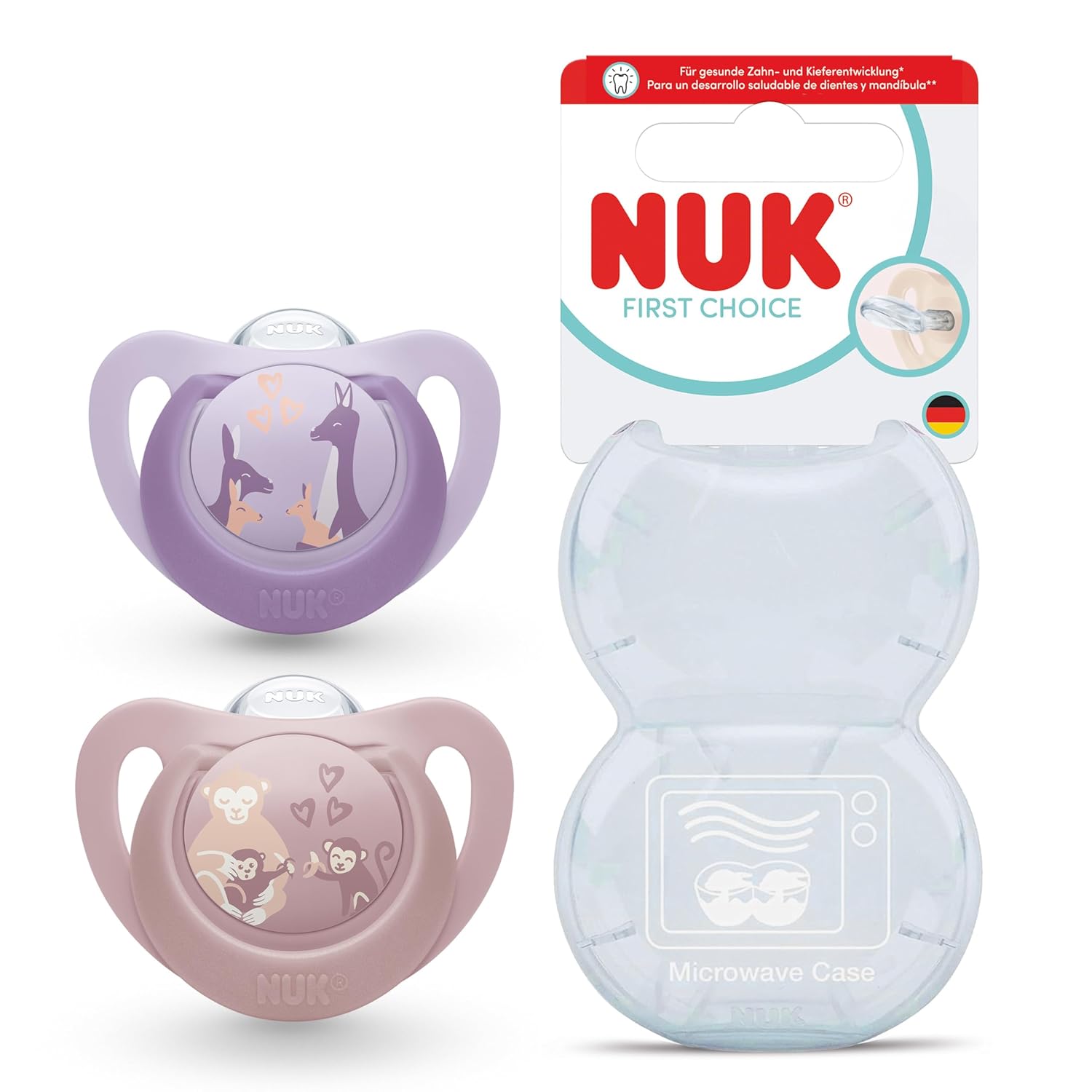 NUK First Choice Baby Dummy | 6-18 Months | Orthodontic dummy | Soothes 99% of Babies** | Monkey / Kangaroo | Pack of 2
