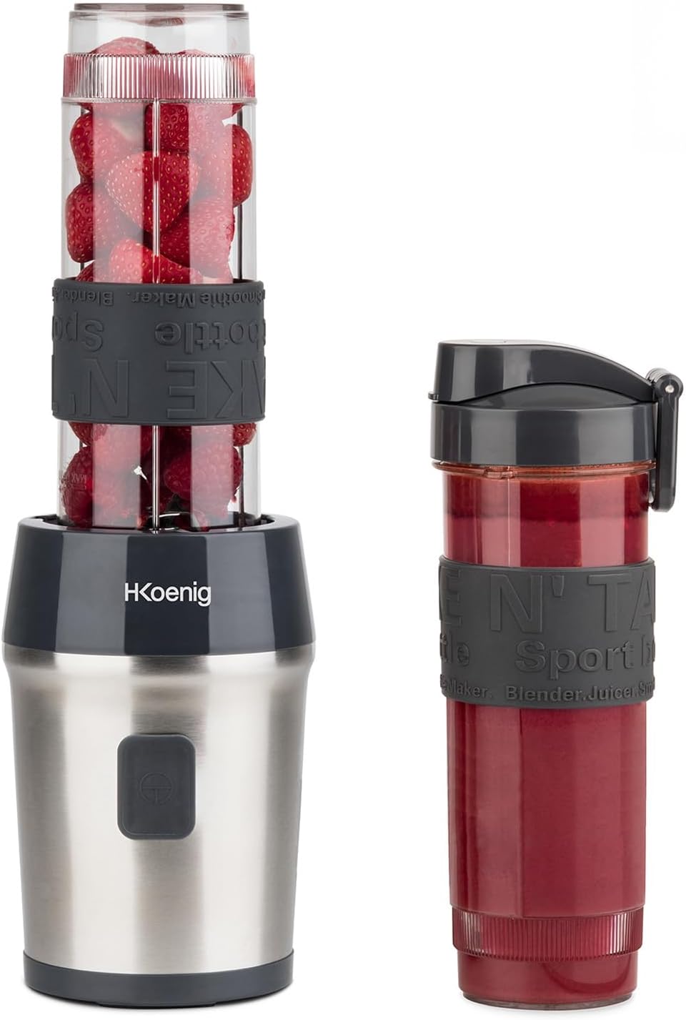 H.Koenig Mini Smoothie Maker Stand Mixer, Blender Electric, Portable, Compact, 570 ml, SMOO9, BPA-Free, Powerful 300 W, Smoothie Mixer 2 Portable Bottles, Stainless Steel Blades, Silver/Black