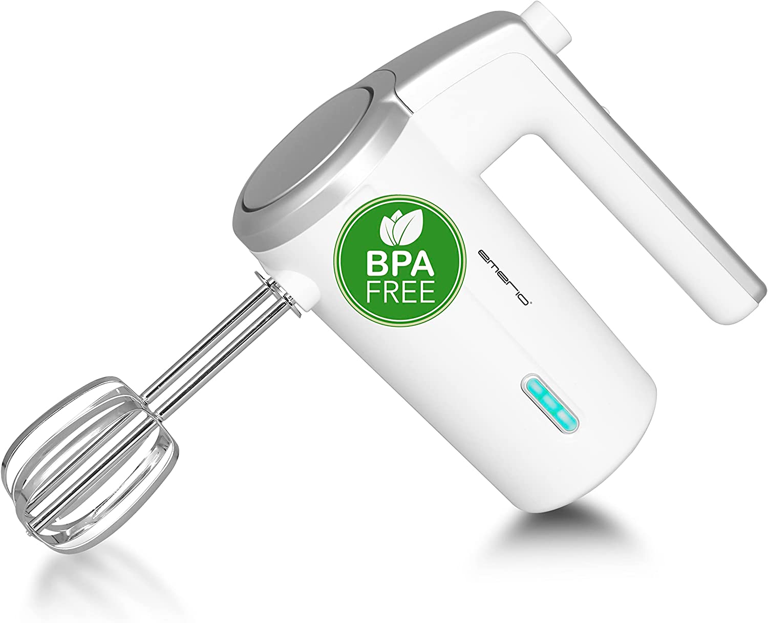 EMERIO HM-126681 Wireless Battery Hand Mixer - 2 Stirring Rods - 3 Speeds - 2000 mAh / 7.4 V - BPA Free - Battery Level Indicator - USB Charging Cable - up to 10 Cycles at 3 Minutes - Rechargeable