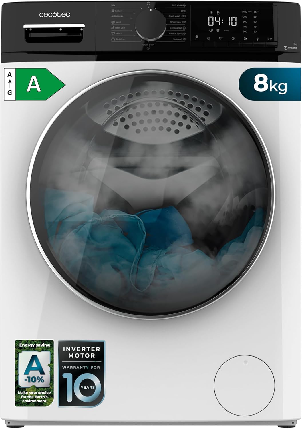 Cecotec front-loading washing machine 8 kg Bolero Dresscode 8610 Inverter A. 8 kg capacity, 1400 rpm, energy efficiency class A, steam function, Inverter Plus motor, 15 programs, optimizes water and wash levels