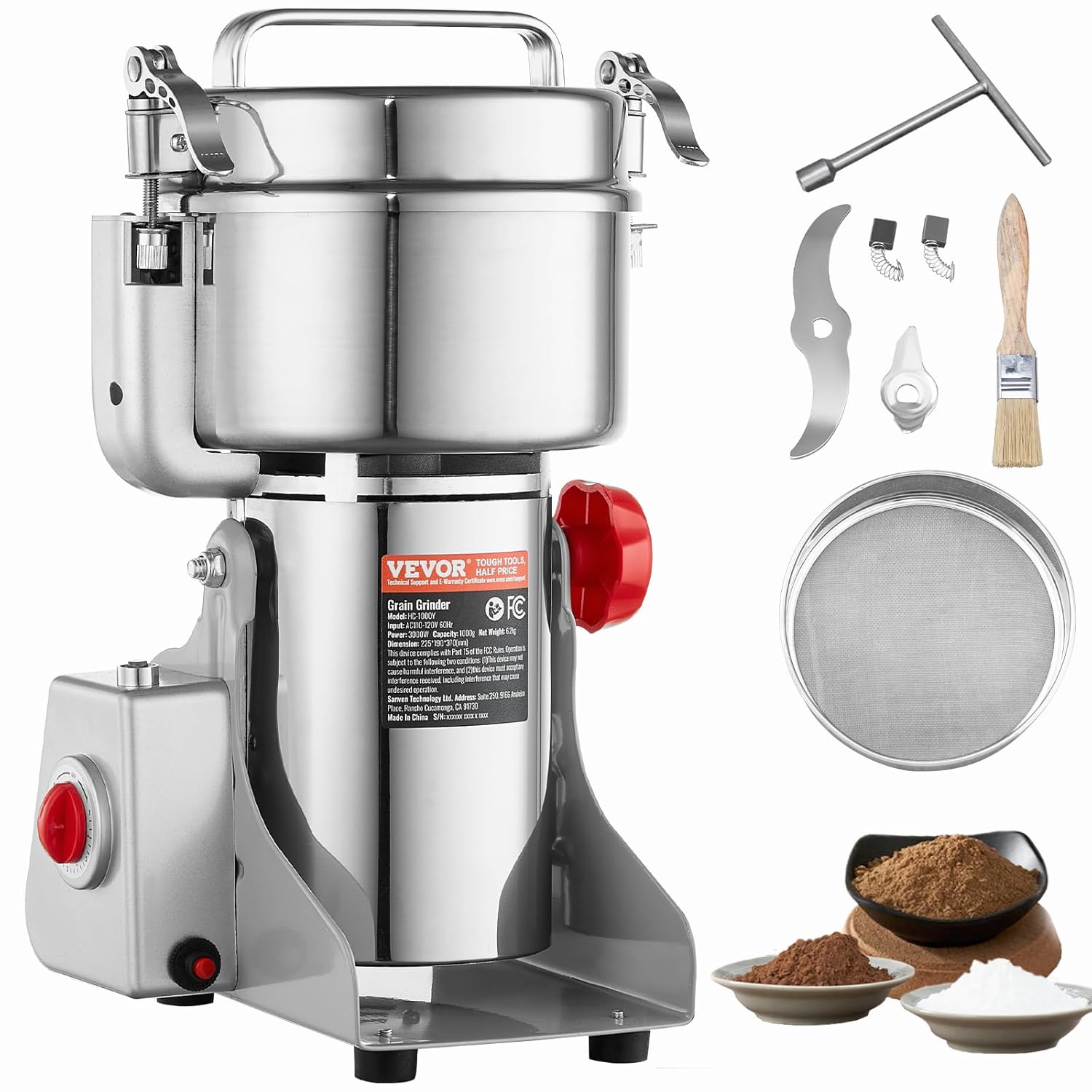 VEVOR Store VEVOR Electric Grain Grinder 1000g High Speed Spice Mill with 3000W Commercial Spice Grinder Stainless Steel Powder Grinder for Dry Grains Spices Cereal Coffee Corn