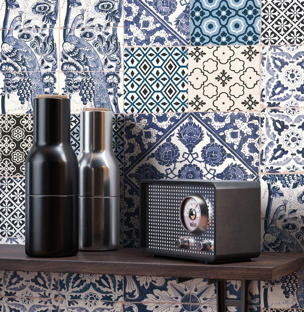 Newroom Design Newroom Wallpaper Graphic Blue Tile Ornament Vintage Non-Woven Wallpaper Cr