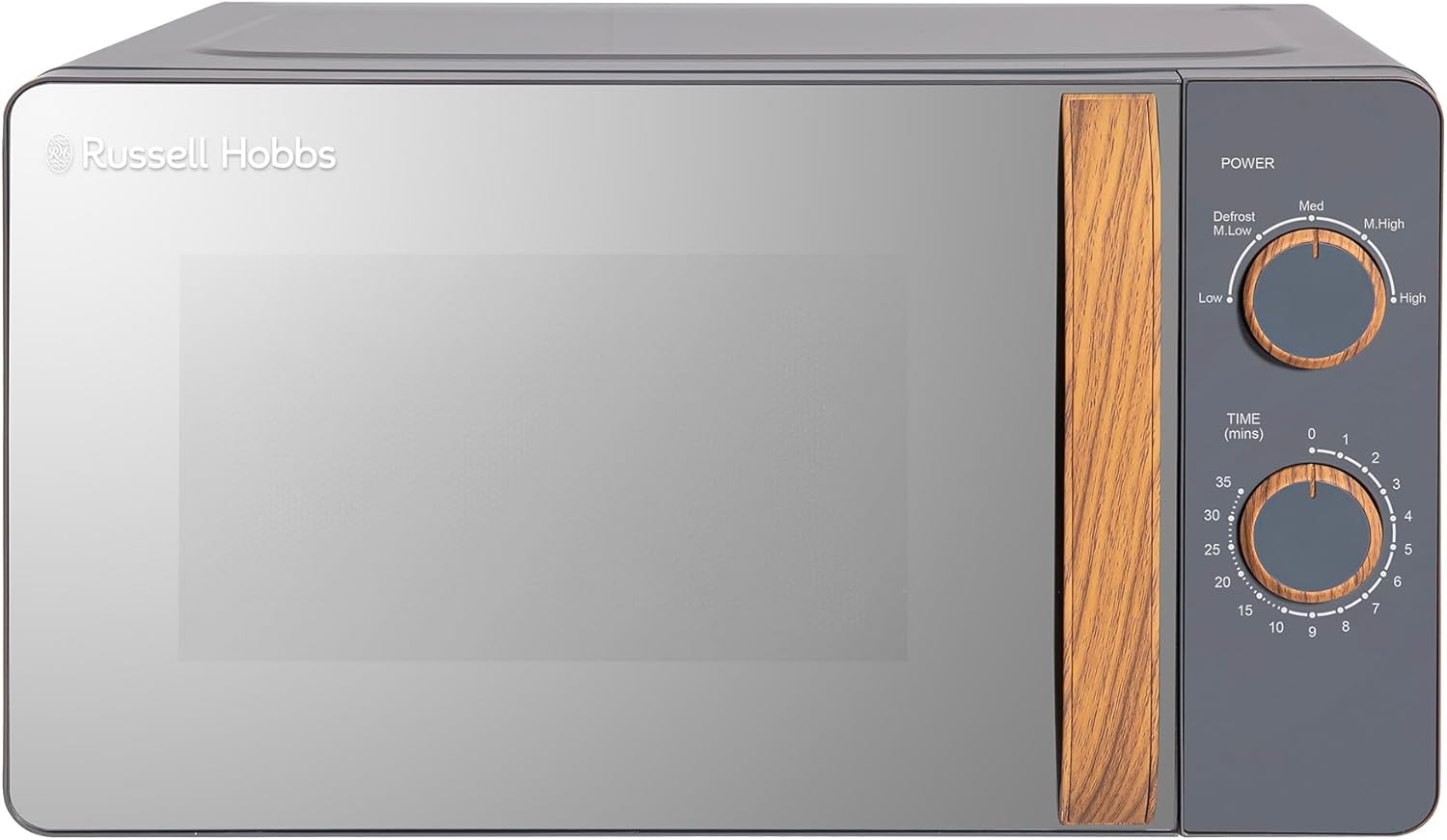 Russell Hobbs RHMM713G Compact Scandinavian Style Manual Microwave with 5 Power Levels, Wood Effect Handle and Knob, Timer, Defrost Function, Easy Cleaning, 17 L, 700 W, Gray