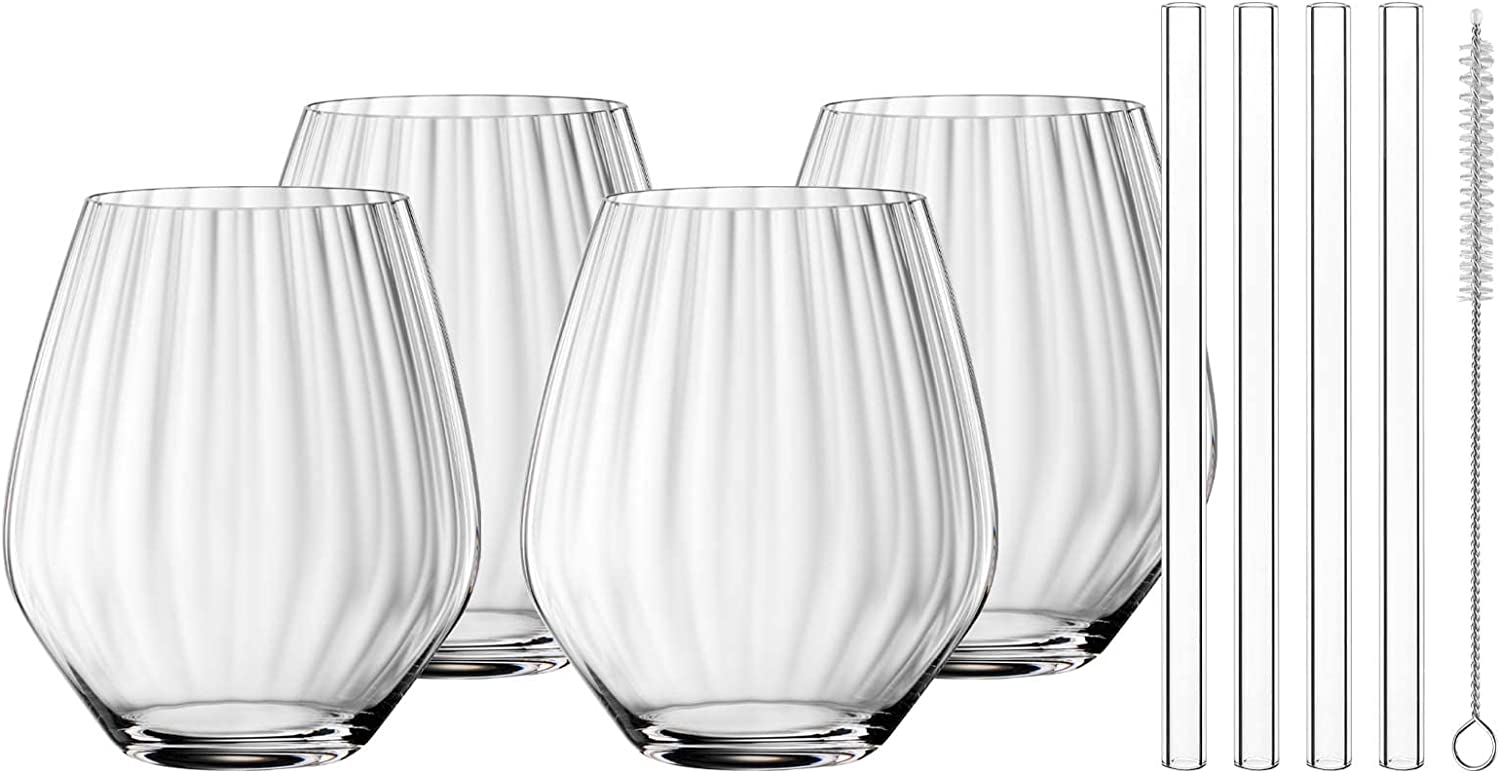 Spiegelau & Nachtmann Tastes Good Gin & Tonic Set, 4 Gin Glasses 625 ml + 4 Straws 15 cm + Cleaning Brush, Cocktail Glasses & Drinking Glasses with Glass Straws for Parties, Dishwasher Safe