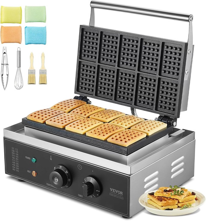 VEVOR Commercial Waffle Iron 1550W Non-Stick Stainless Steel Waffle Iron with Temperature and Time Control Handle for Restaurant Bakery Snack Bar Family 10 Rectangular Waffles