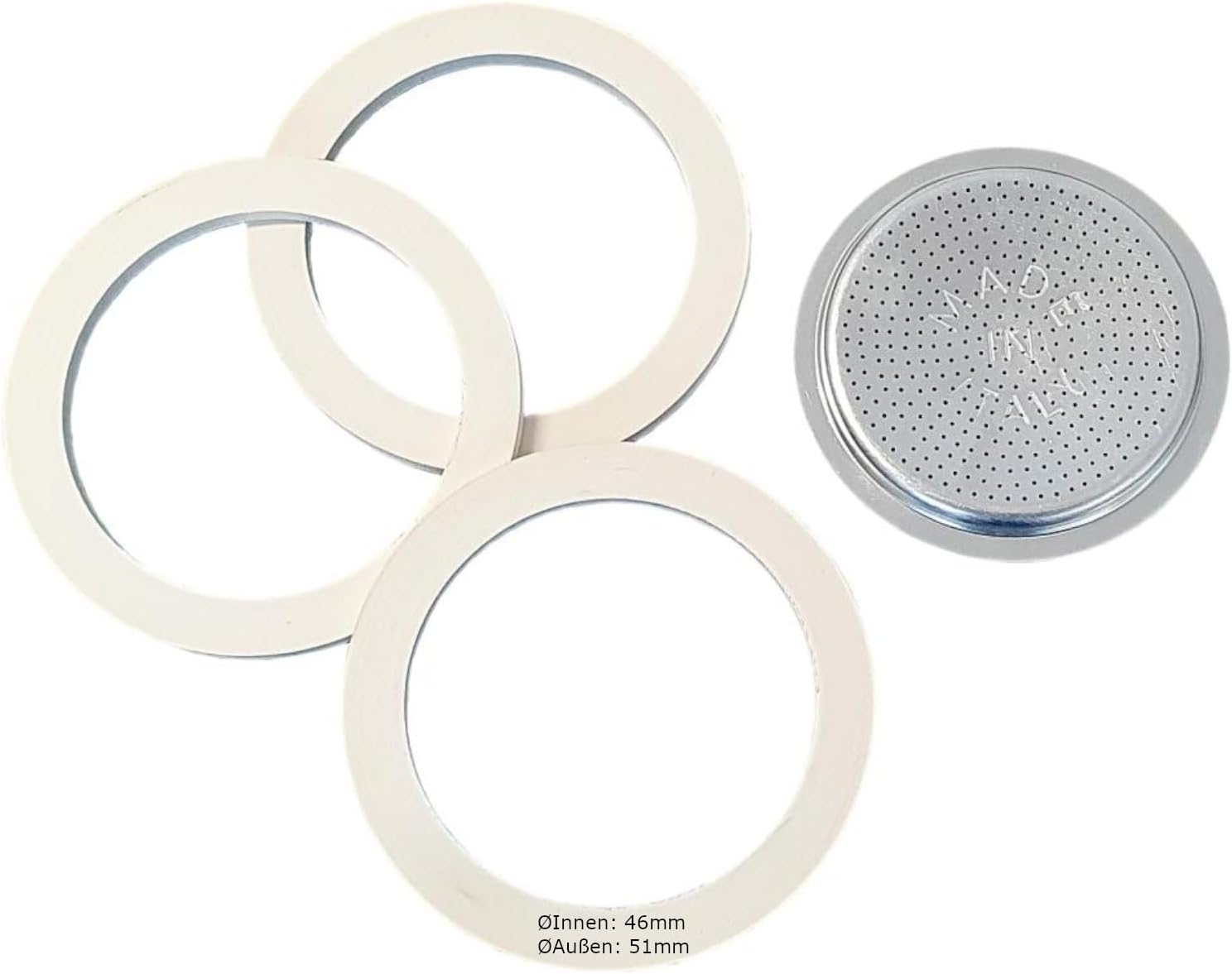 Harren24 Filter and 3 x Seal for Espresso Maker, Compatible with Bialetti Espresso Pot for 1 Cup, Outer Diameter 51 mm, 5.1 cm, inner diameter 46 mm, 4.6 cm, replacement Seal, Sealing Ring
