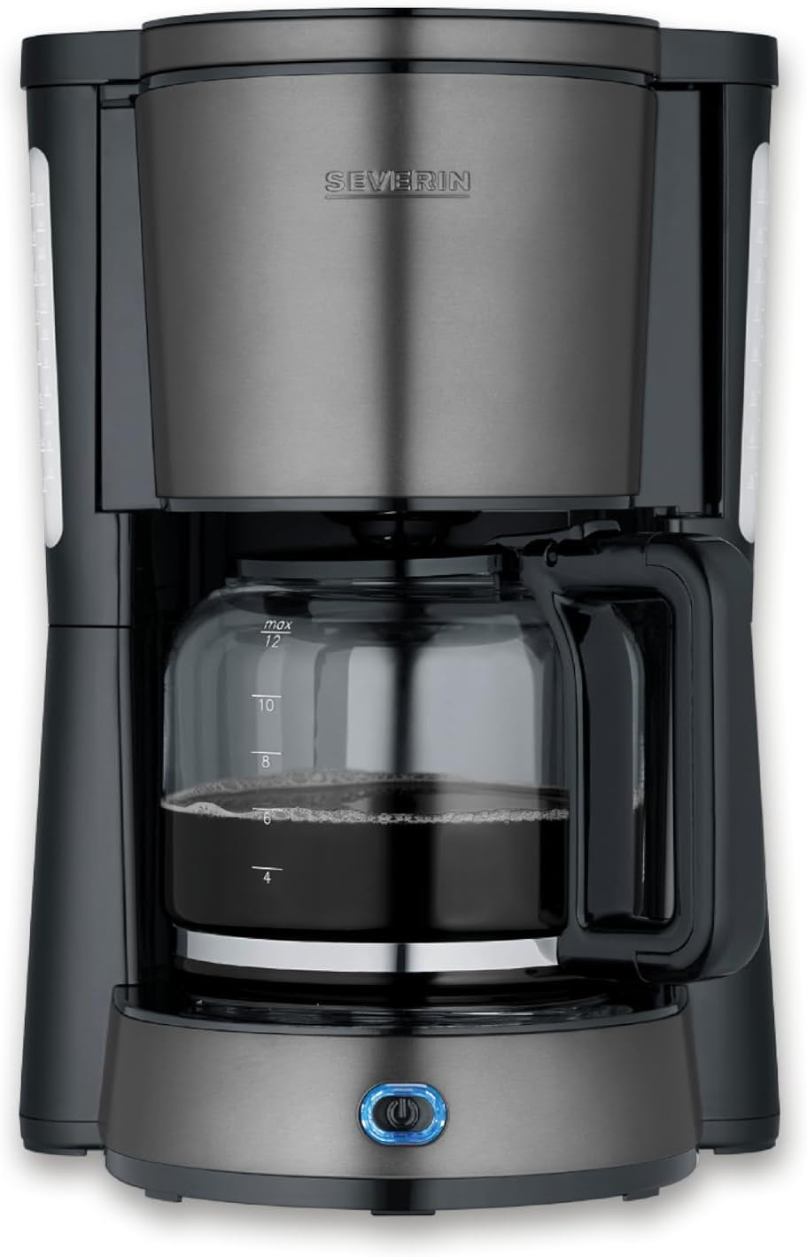 SEVERIN Store Severin KA 9340 Coffee Machine, Coffee Machine with Glass Jug, Brewing Lid and Drip Stop, Swivel Filter, Automatic Shut-Off, Integrated Cable Compartment, 1.25 L Capacity, 1000 Watt, Dark Stainless