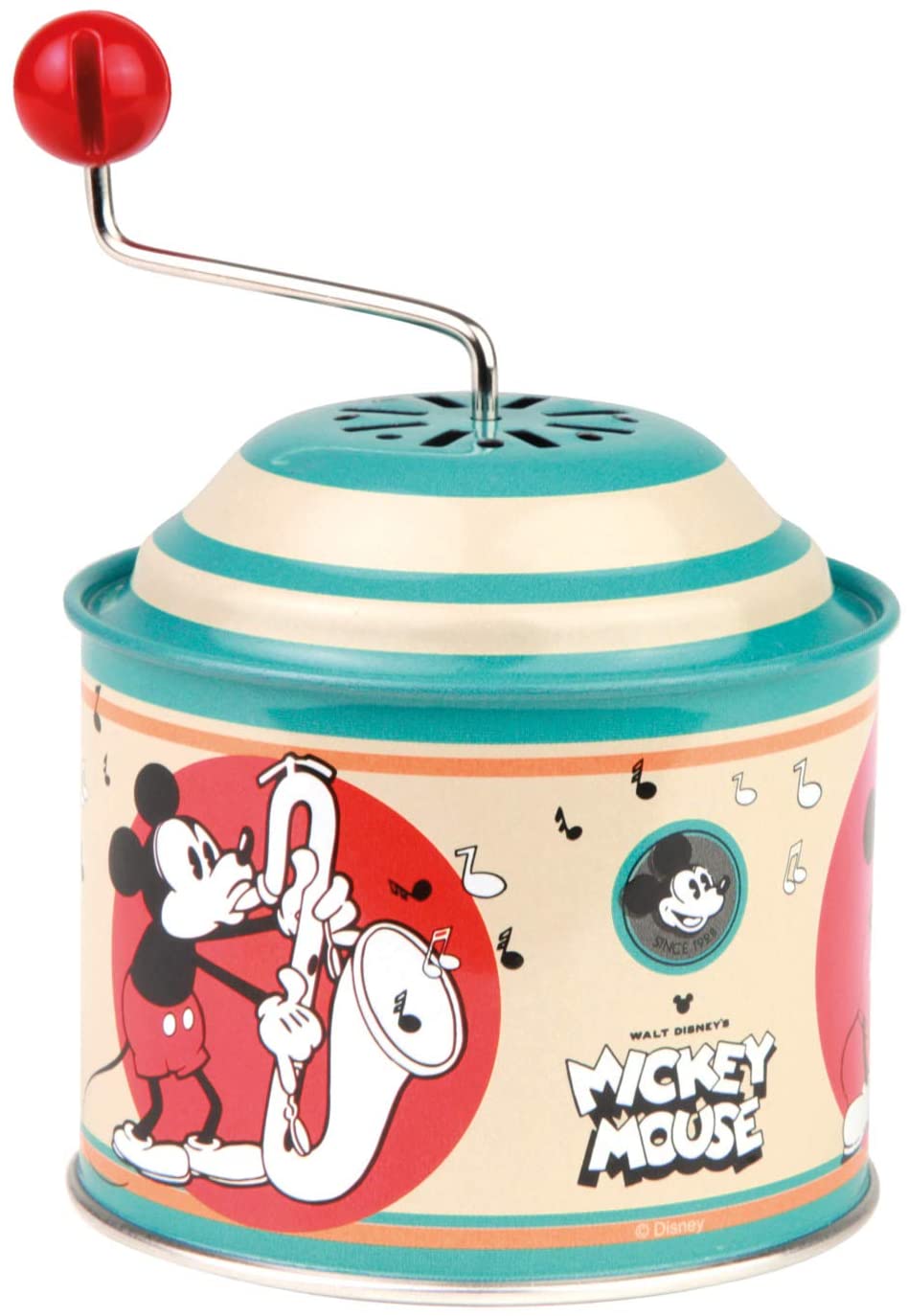 LENA TIN TOYS 52766 Disney Mickey Mouse Music Box Approx. 10.5 x 7.5 cm, tin rotating box with melody \"Into the gladiators\", metal rotary box, rotating horn for children aged 18 months and over, organ