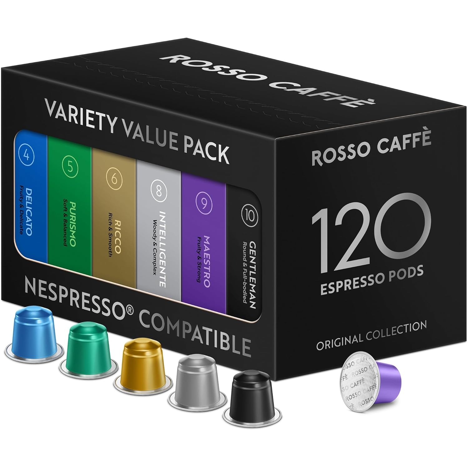 ROSSO CAFFÈ Nespresso Capsules, Pack of 120, Aluminum, 6 Premium Espresso Varieties Mixing Pack, Nespresso Compatible Coffee Capsules, Compatible with Original Capsule Machines