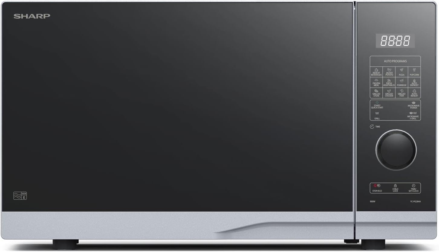 SHARP YC-PG284AE-S Microwave with Grill (900 W, 28 L, 10 Power Levels, Eco Function, Defrost Function, Child Lock), Silver/Black