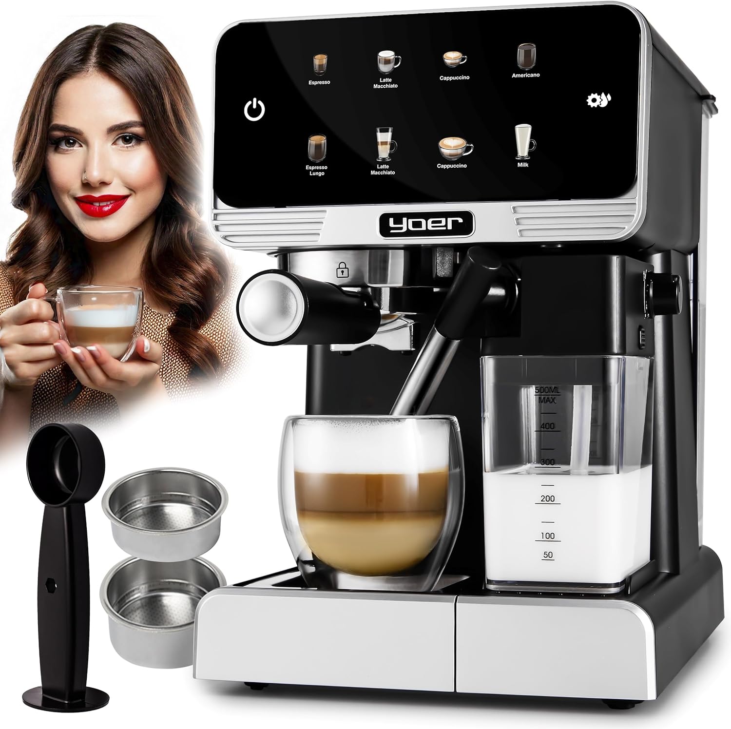 YOER Creamo EMF03BK Fully Automatic Espresso Machine, 20 Bar, 1350 W, 1.8 L, 6 Automatic Programs, Automatic Milk Foaming Setting, Coffee Volume and Milk Adjustment, Automatic
