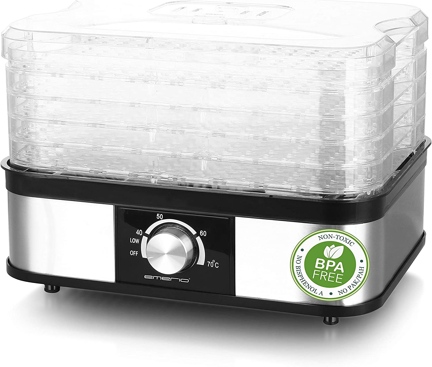 Emerio FD-211838 Dehydrator with Temperature Controller, Stainless Steel, for Fish Meat, Vegetables, Fruits, Herbs, Mushrooms, 5 Separate Dry Bowls, Easy to Clean, BPA Free, Dehydrate is on Trend, FD-211838