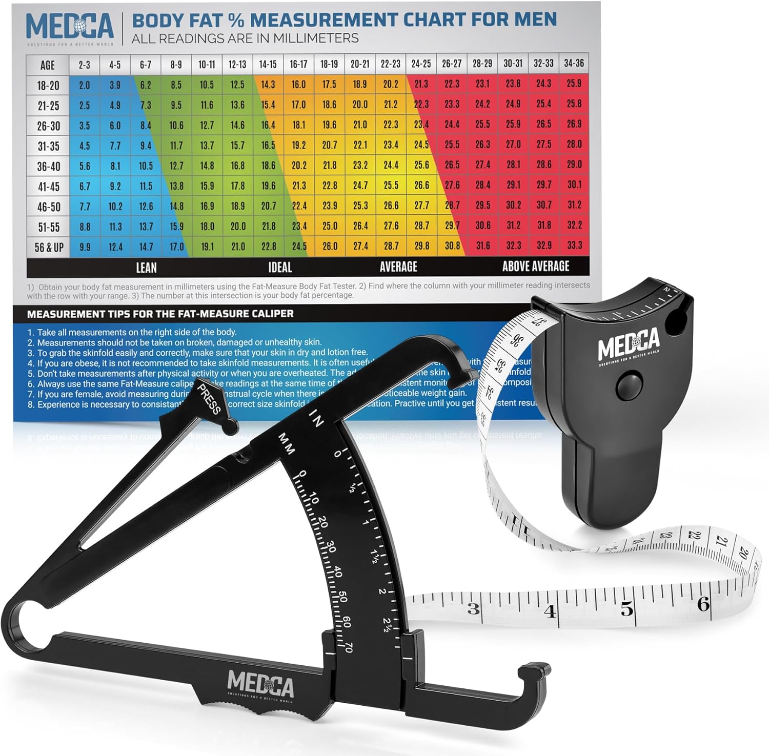 MEDca Store Body Fat Caliper and Tape Measure for the Body - Skinfold Vernier Caliper and Body Fat Tape Measuring Tool for Accurately Measuring BMI Skin Wrinkle Fitness and Weight Loss