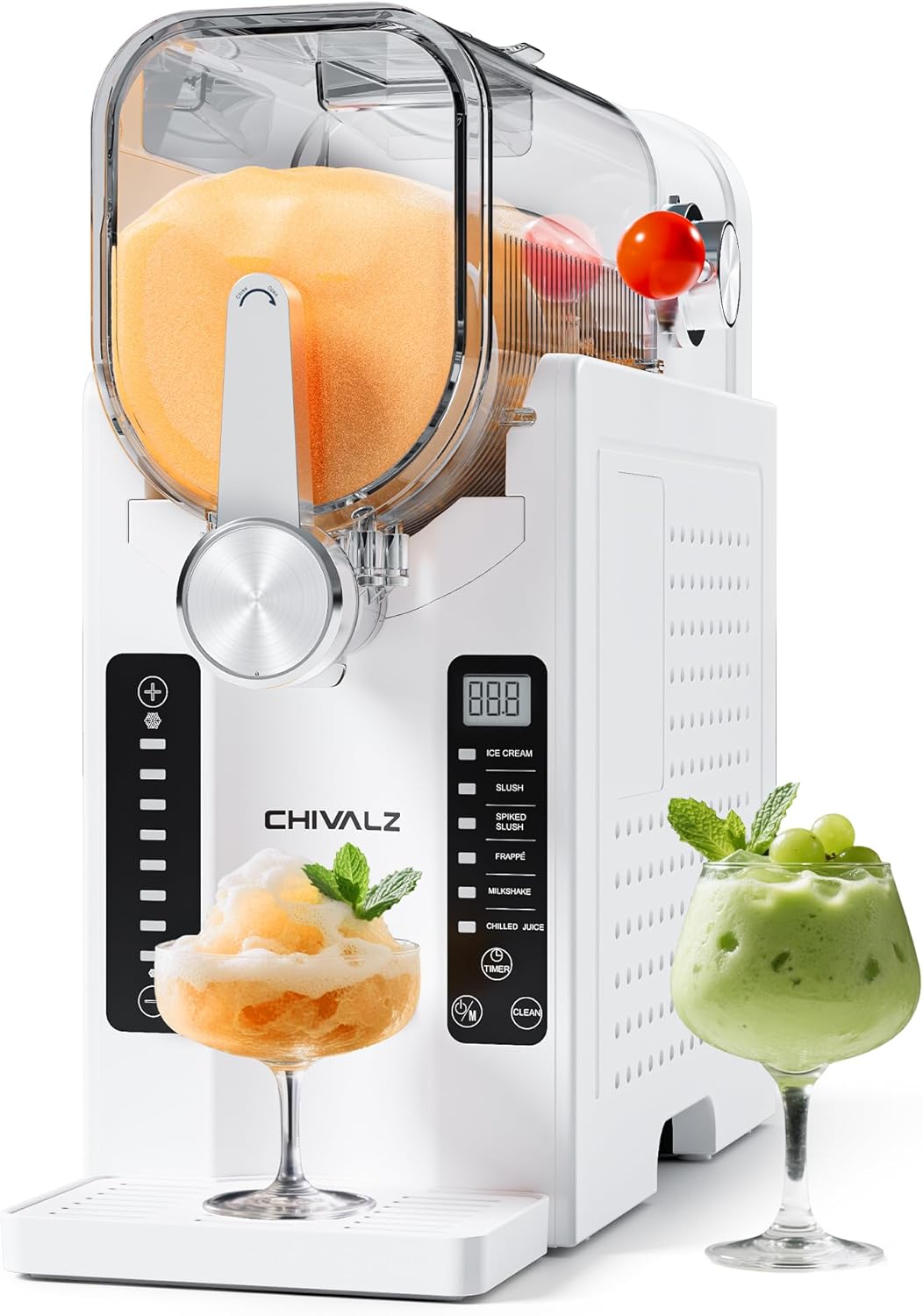 CHIVALZ Slush Machine, 2L Slushie Machine for Home Slushi, Frappé, Milkshake & Margaritas, No Ice Required, LED Display, Self-Cleaning, White, AD03, 6 Programs + 1 Pack