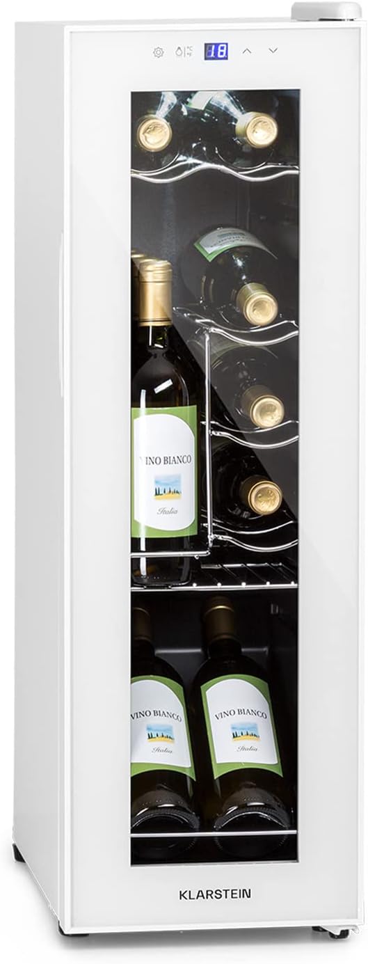 Klarstein Wine Fridge, 1 Zone Drinks Refrigerator, Small, Freestanding Small Wine Cabinet, 32 L Wine Fridge with Glass Door, Indoor/Outdoor Bottle Fridge, Wine Fridge 12 Bottles