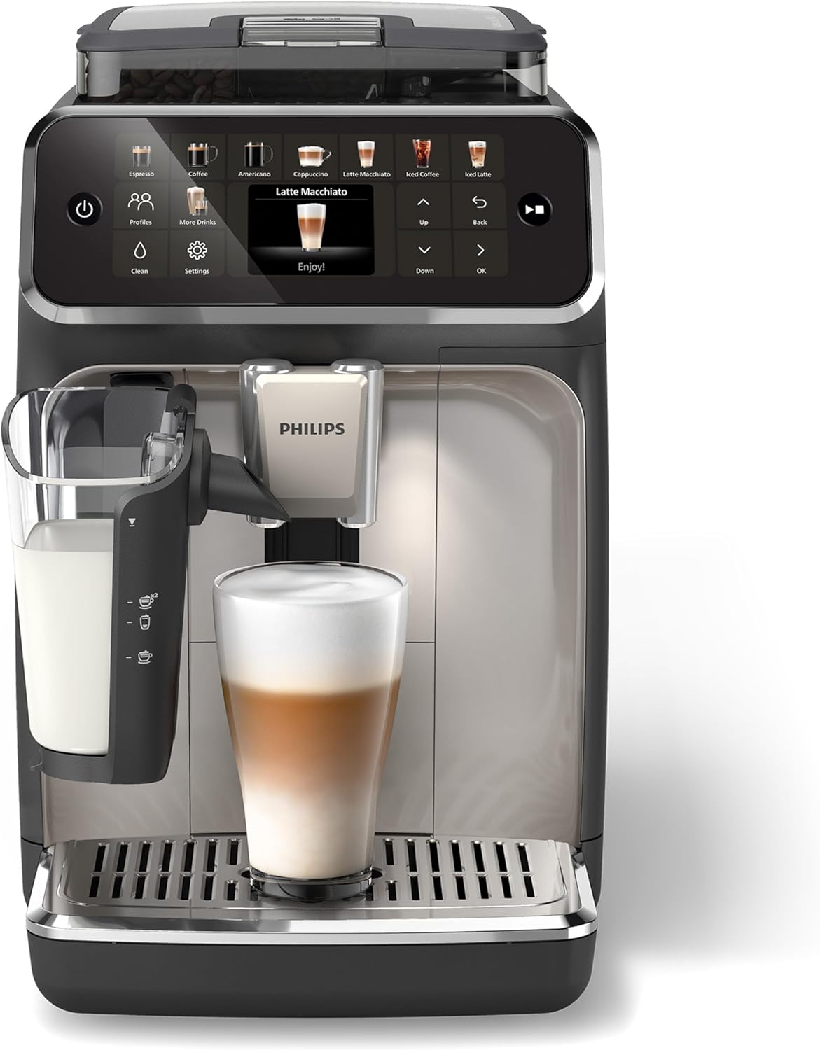 Philips Series 5500 Fully Automatic Coffee Machine - LatteGo Milk System, 20 Hot and Cold Coffee Specialities, 40% Quieter with SilentBrew, QuickStart, Black Chrome Plated (EP5547/90)