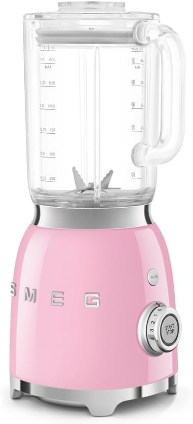 Smeg, BLF03PKEU, 1.5 L Stand Mixer, 4 Speed Levels, 4 Automatic Programmes, Removable Double Blade, Transparent Lid Opening with Dosing Cap, Non-Slip, 800W, Rose
