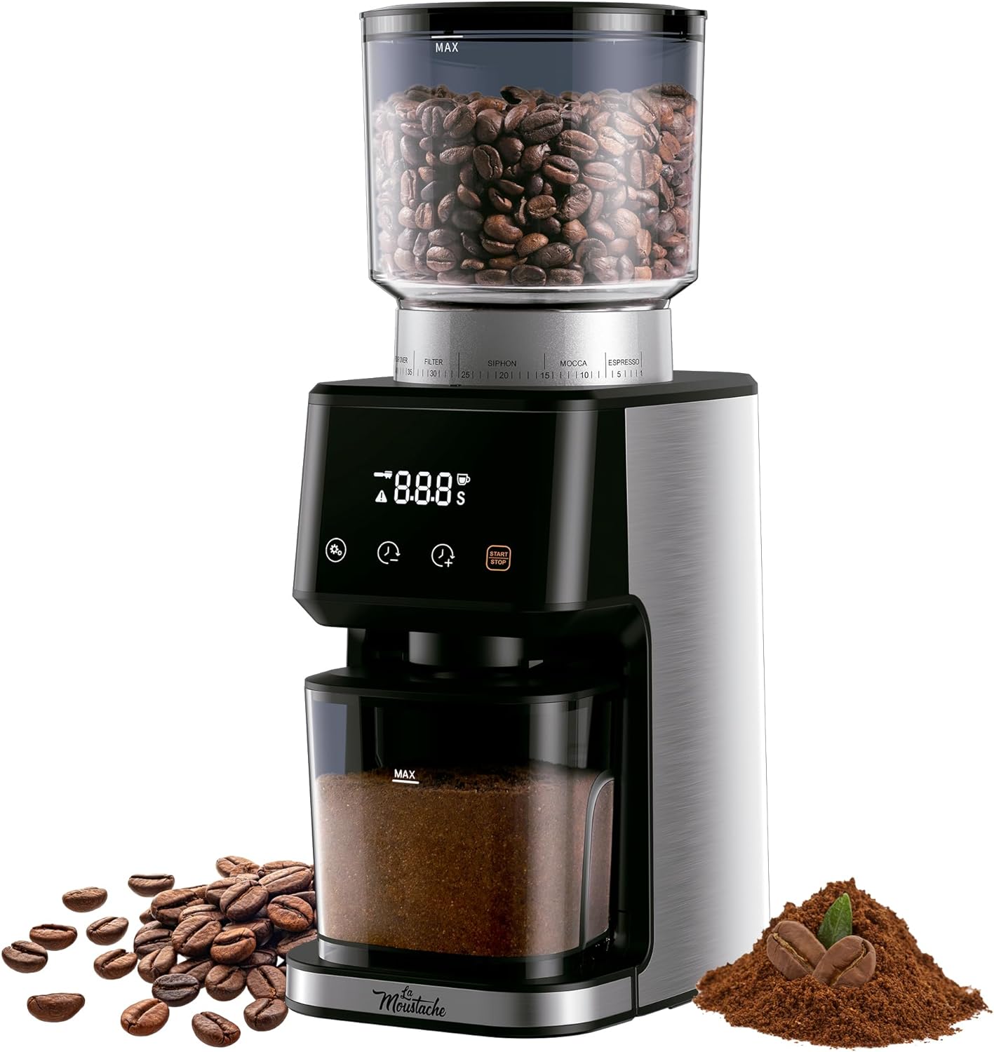 La Moustache La Mousthache-Coffee Grinder and Spice Grinder Electric 165 W with Stainless Steel Blades, Conical Mechanism With 51 Degree Even Grinding, Capacity 350 G, 3-in-1 for Cups, Shot Or Time