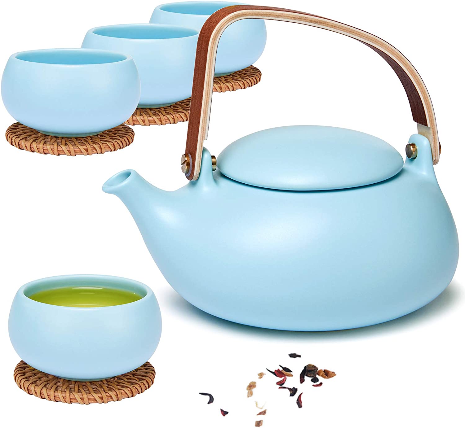 ZENS Porcelain Teapot with Strainer Insert, 800 ml Wooden Handle, Matt Japanese Tea Service Ceramic with 4 Cups and Rattan Coasters for Loose Tea Gift/Blue