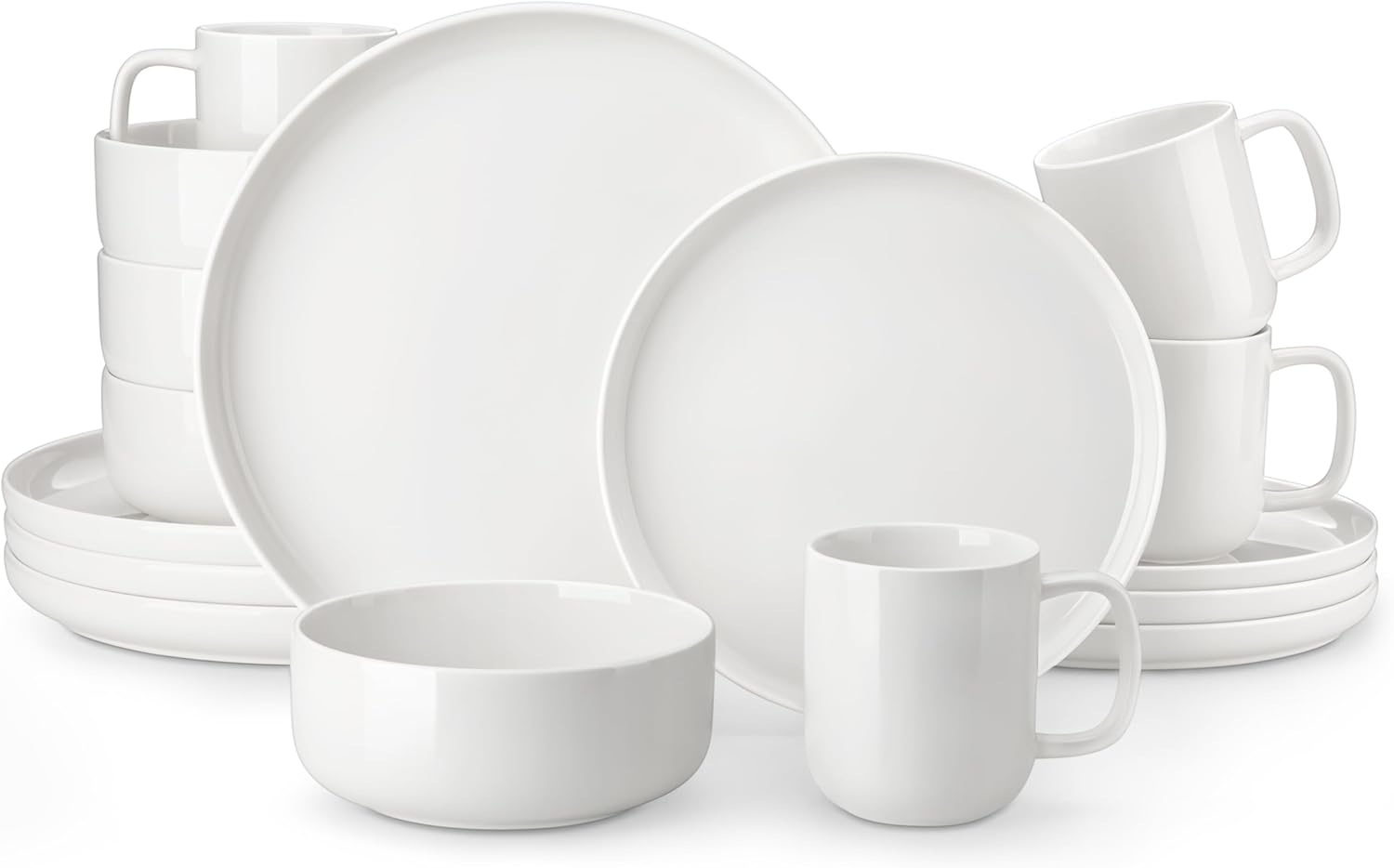 MALACASA Luna 16-Piece Dinner Service Set for 4 People, White Porcelain, Modern Crockery Set with Dinner Plates, Dessert Plates, Cereal Bowls and Coffee Cups