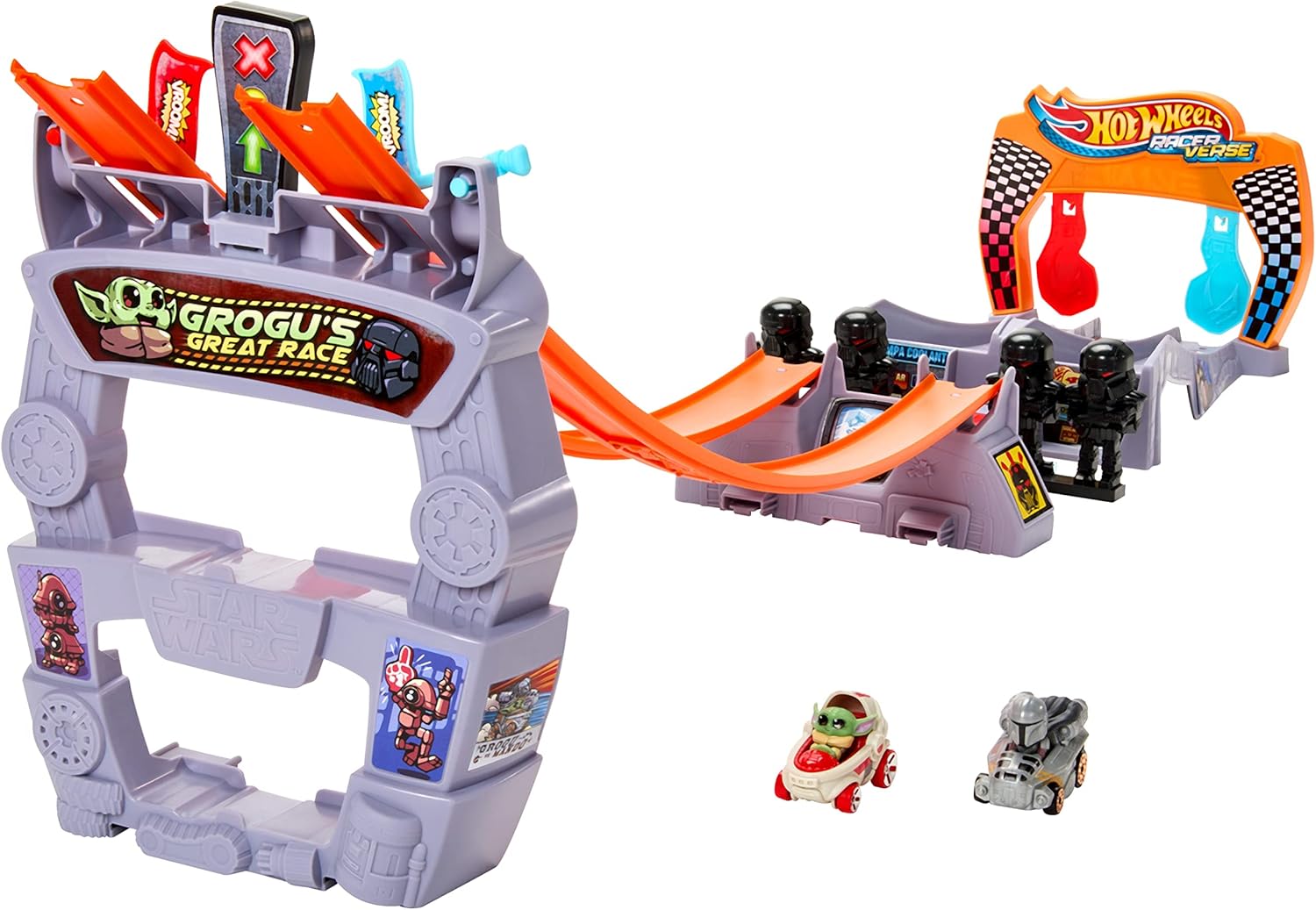 HOT WHEELS RacerVerse - Star Wars Inspired Track Set Grogu and Mandalorian Vehicles, Lightsaber Starter and Finish Line Flag for Exciting Head-to-Head Racing, for Children Aged 4 and Above, HPL32