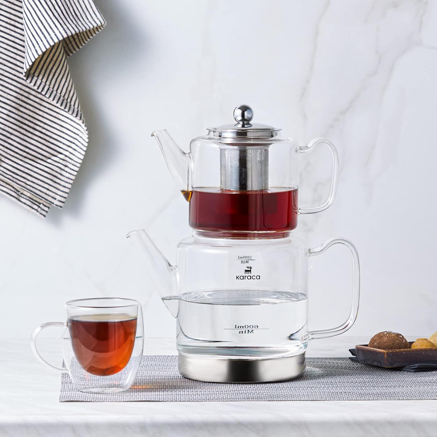 Karaca Dora Borosilicate Glass Teapot Set with Stainless Steel Tea Strainer, 2L Kettle & 1L Glass Teapot with Strainer, Turkish Tea Pot, Caydanlik, Turkish Tea Maker for Herbal Tea, Loose Tea, XL