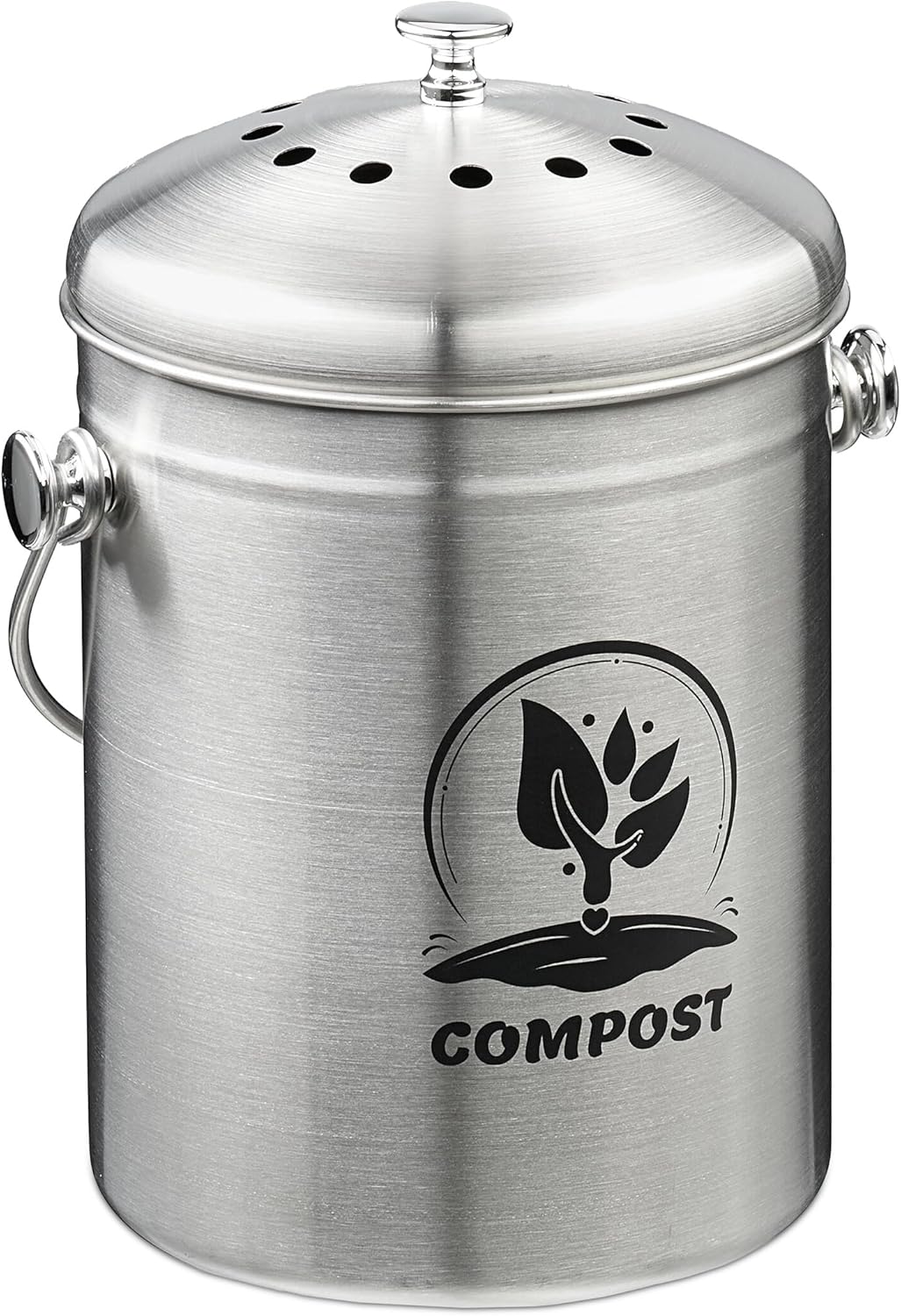 Relaxdays Kitchen Compost Bin, 5 Liters, Small Rubbish Bin, Lid and Odor Filter, Waste Bin, Organic Waste, Metal, Silver