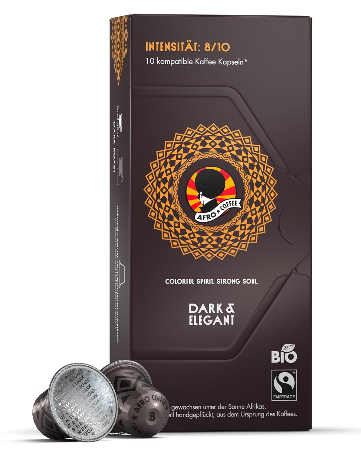 AFRO COFFEE Dark & Elegant Organic I 10 Premium Coffee Capsules Fairtrade I 100% Arabica I in Compatible Coffee Capsules* I Ethiopia I Bitter Chocolate I Dark Roasted & Low Acid