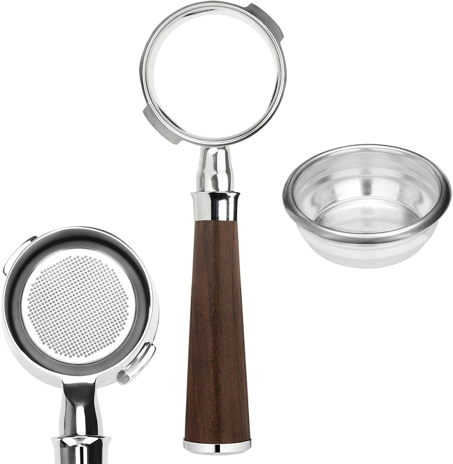 Davonpha 58 mm bottomless portafilter made of stainless steel, exclusive for Gaggia Classic/Pro/Evo Pro, with walnut handle and removable filter basket