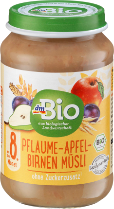 dmBio Fruit & Cereals Plum-Apple-Pears Muesli from the 8th month, Demeter, 190 g