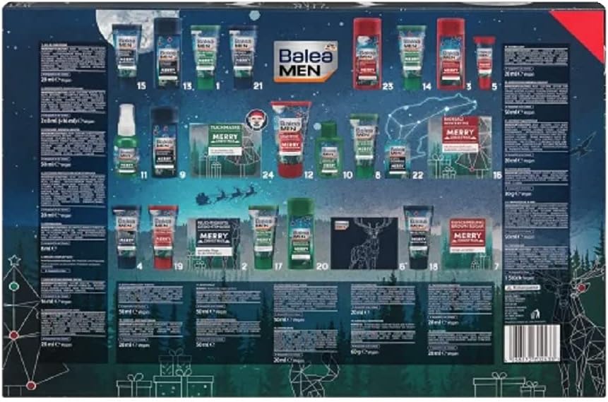 BALEA Adventskalender 2023 Men\'s Beauty- 24 Care Beauty Cosmetics Advent Calendar for Men, Christmas Calendar Value €80, Men