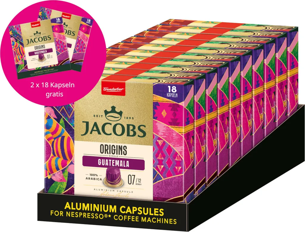 JACOBS Origins 7 Guatemala capsules, 10 x 18 Nespresso®* compatible coffee capsules + 2 x 18 free