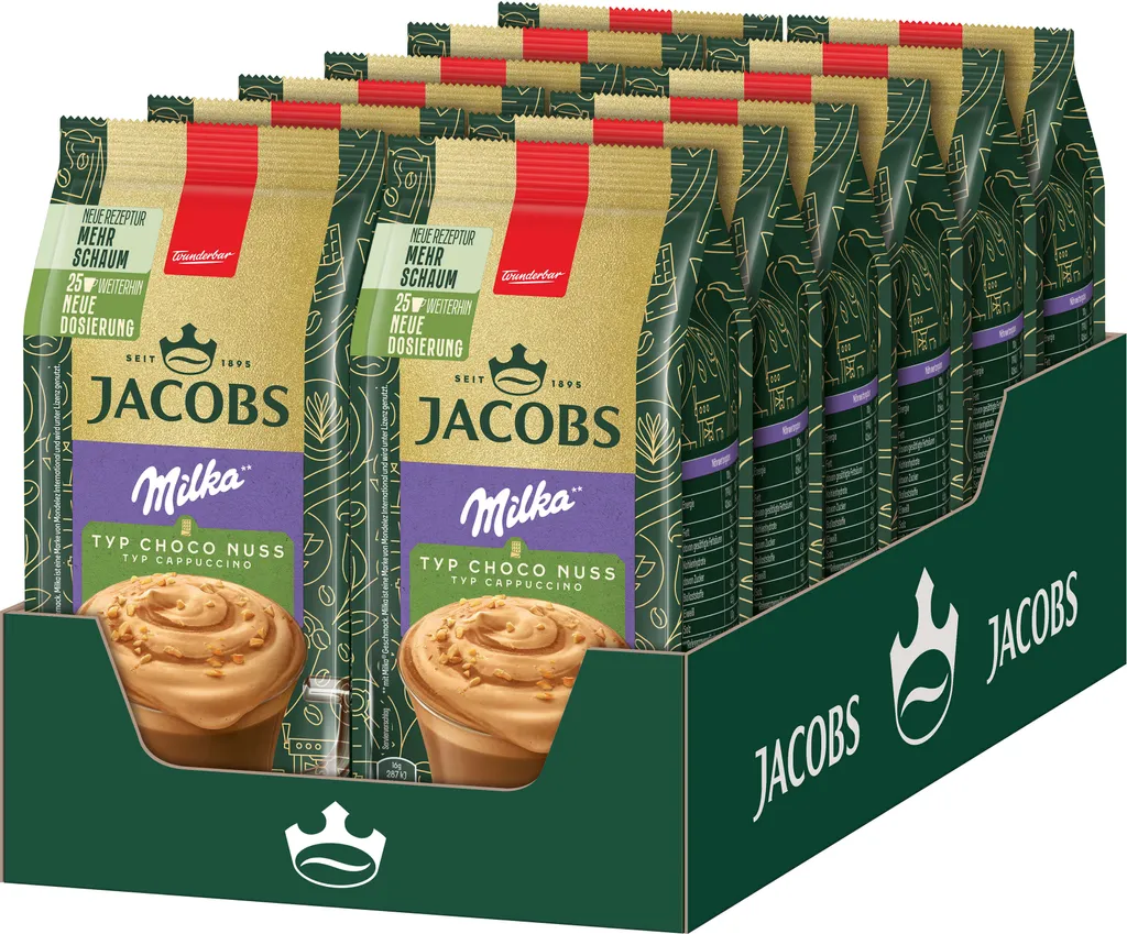 JACOBS instant coffee type Cappuccino Choco Nut 12x 400g bags coffee Milka flavor