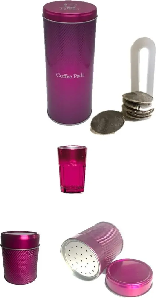 WAK INNOVATION James Premium® Coffee Pod Tin, Metal, Metallic Pink with Pod Lifter and Chocolate Shaker (Metallic)