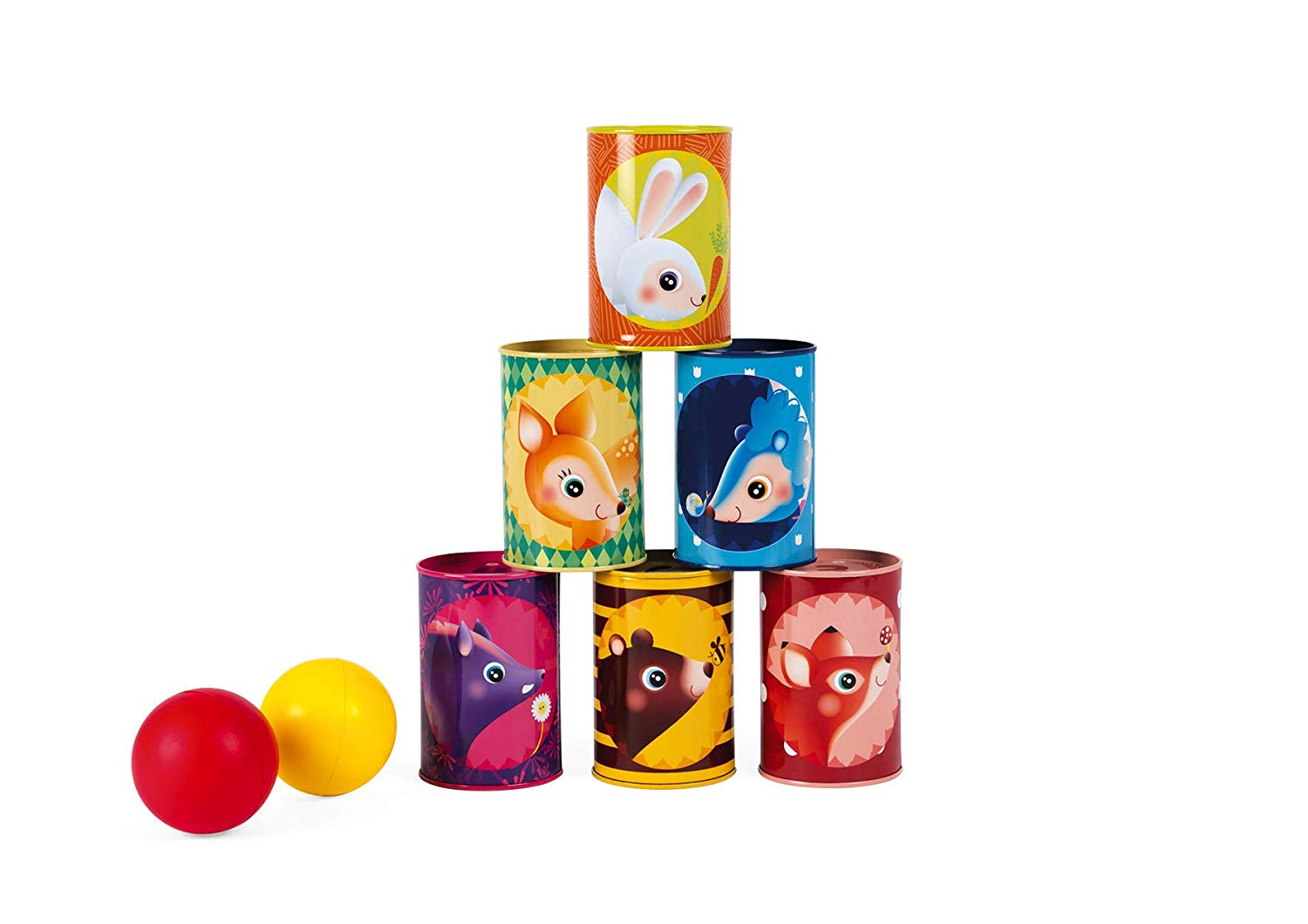 Janod J03206 Tin Throwing Game 'Woodland' with Aluminium Cans 6 Pieces