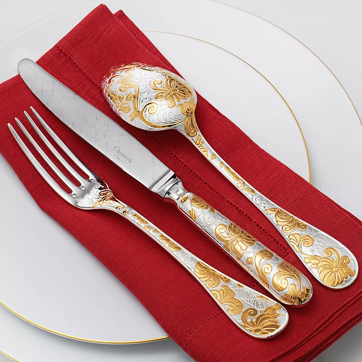 Jardin d'Eden serving fork, silver-plated & partially gold-plated by Christofle