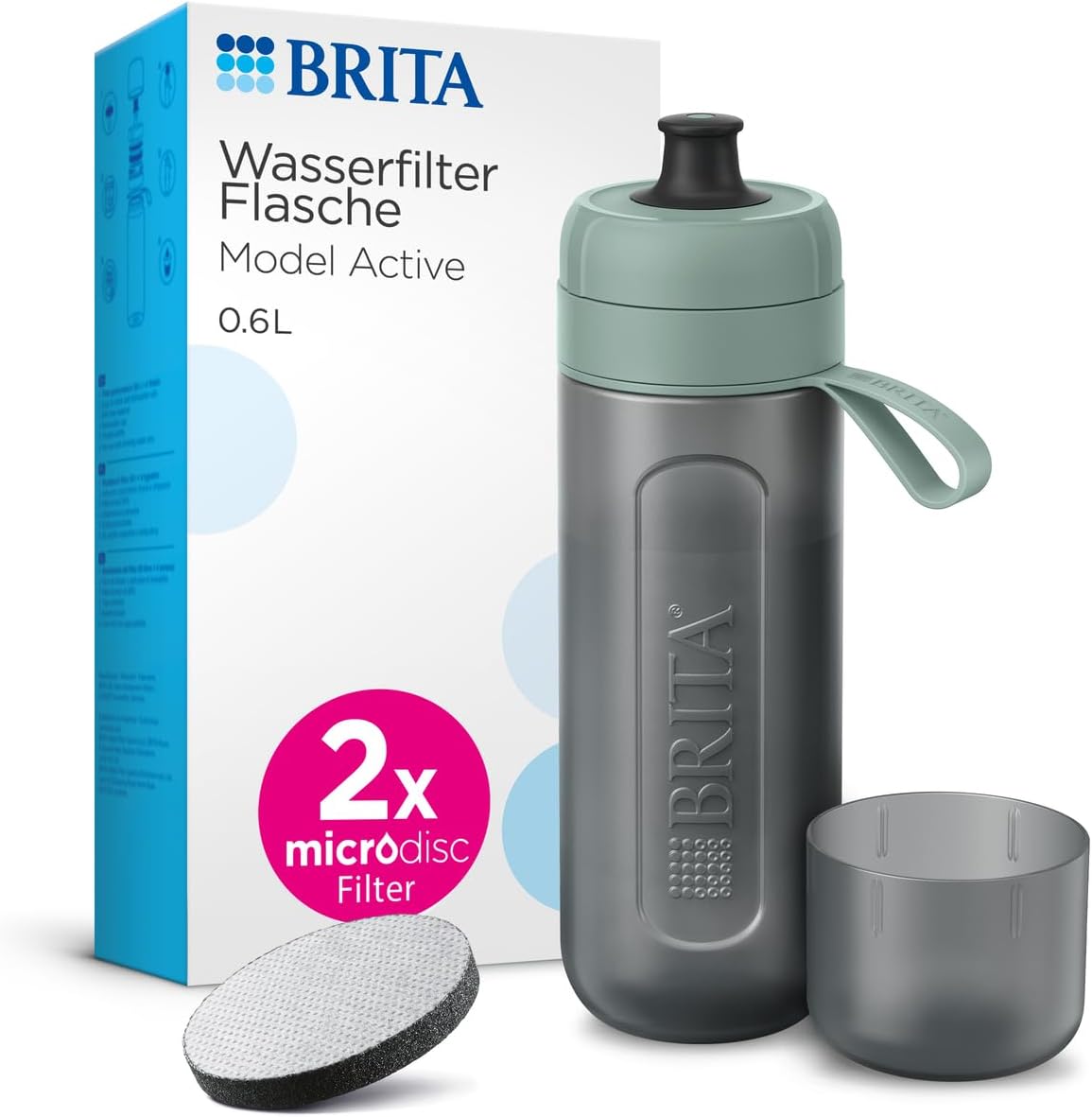 BRITA Sport Water Filter Bottle Model Active Dark Green (600 ml) Includes 2 MicroDisc Filters - Squeezable Bottle for Travel, Water Bottle Filters When Drinking/Dishwasher Safe