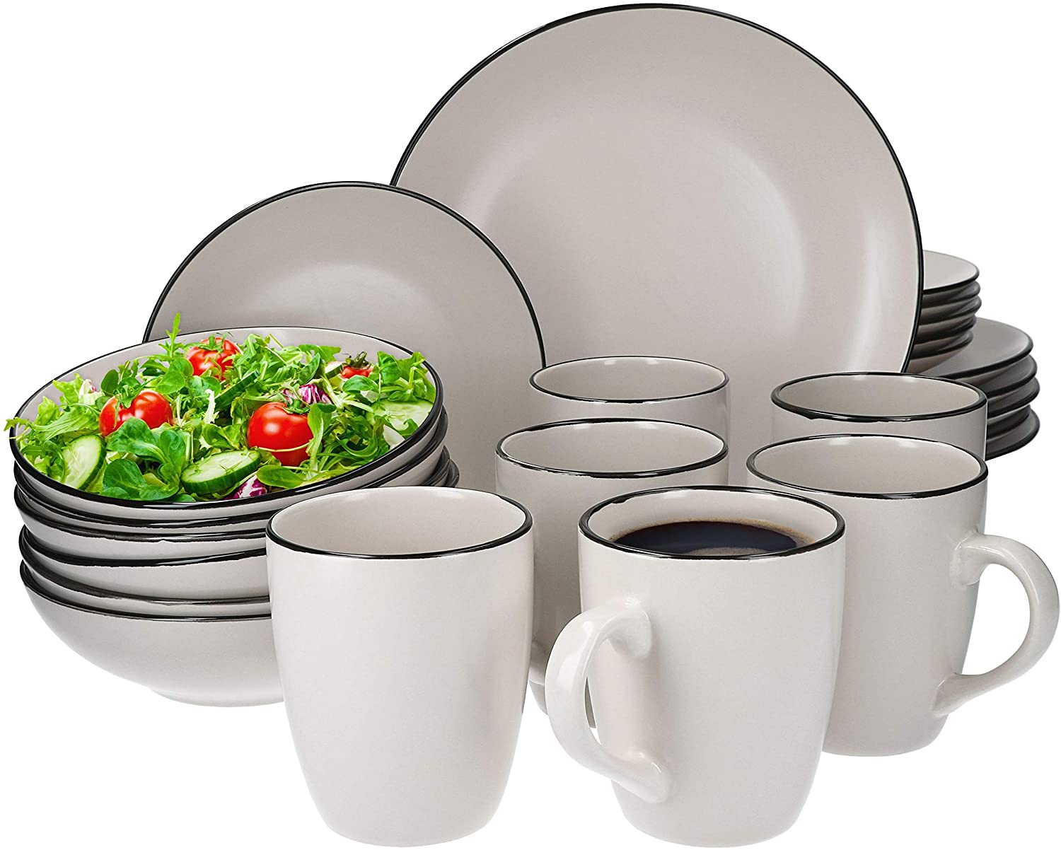 VAN WELL Kombi-Service Campo Cream for 6 People I Crockery Set Cream Matte with Black Rim I Cups Soup Plates Cake Plates Dinner Plates I Colourful Ceramic Crockery Set 24 Pieces