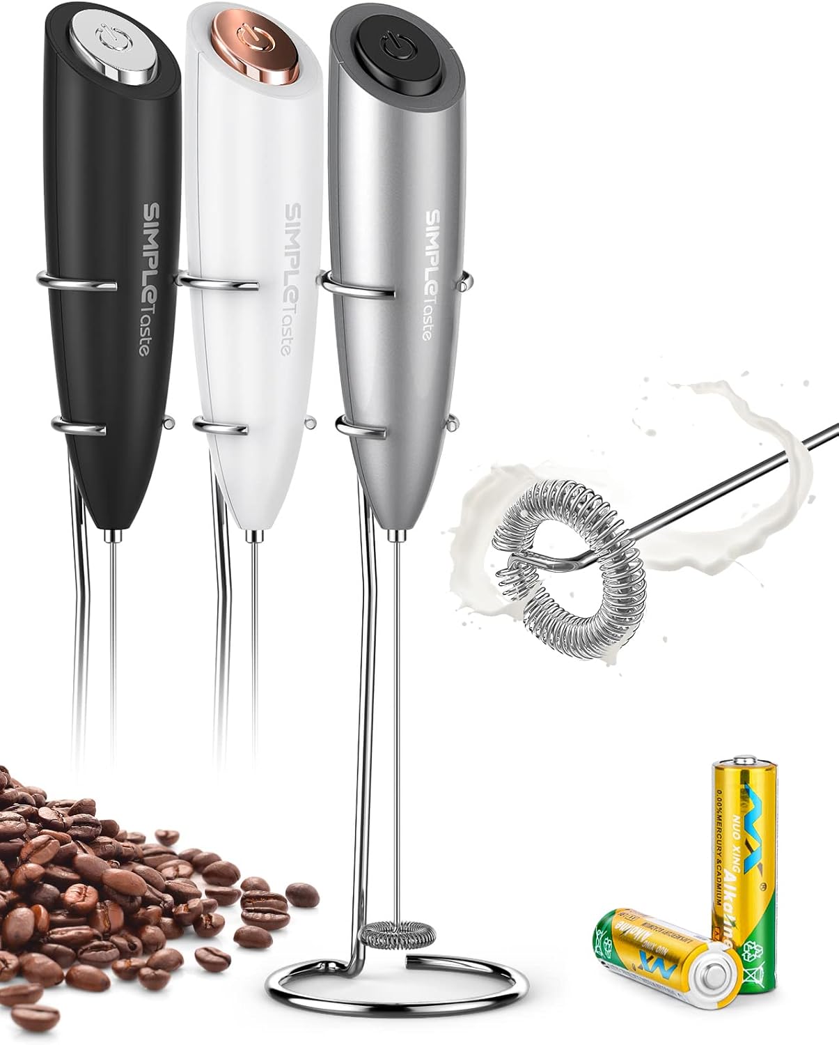 SimpleTaste Electric Milk Frother, Handheld Milk Frother with 2 Batteries and Stainless Steel Base, Manual Milk Frother with Electric Strong Motor, Milk Frother