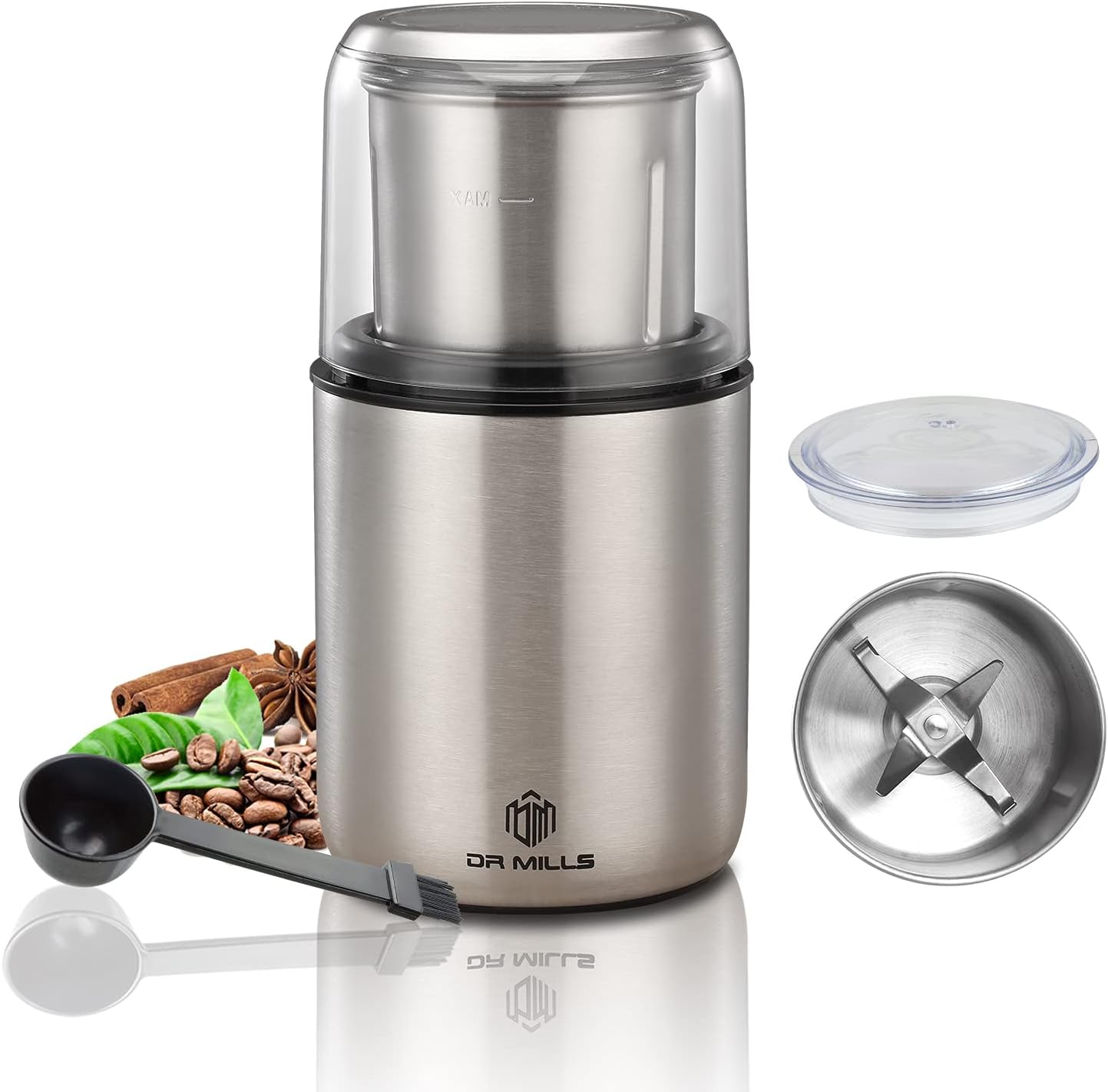 DR MILLS Electric Spice and Coffee Grinder, Grinder and Chopping Knife, Removable Cup, Washable Knife and Wash-free Cup Made of SUS304 Stainless Steel (DM-7452)