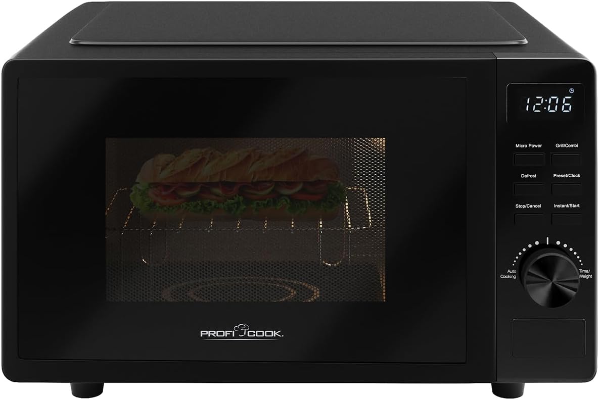 ProfiCook Microwave with Grill 20 L Microwave without Turntable for Even Heat Distribution Microwave Black with Timer and Defrost Function Includes Grill Grate 23 x 20 cm 1150 W PC MWG 1278