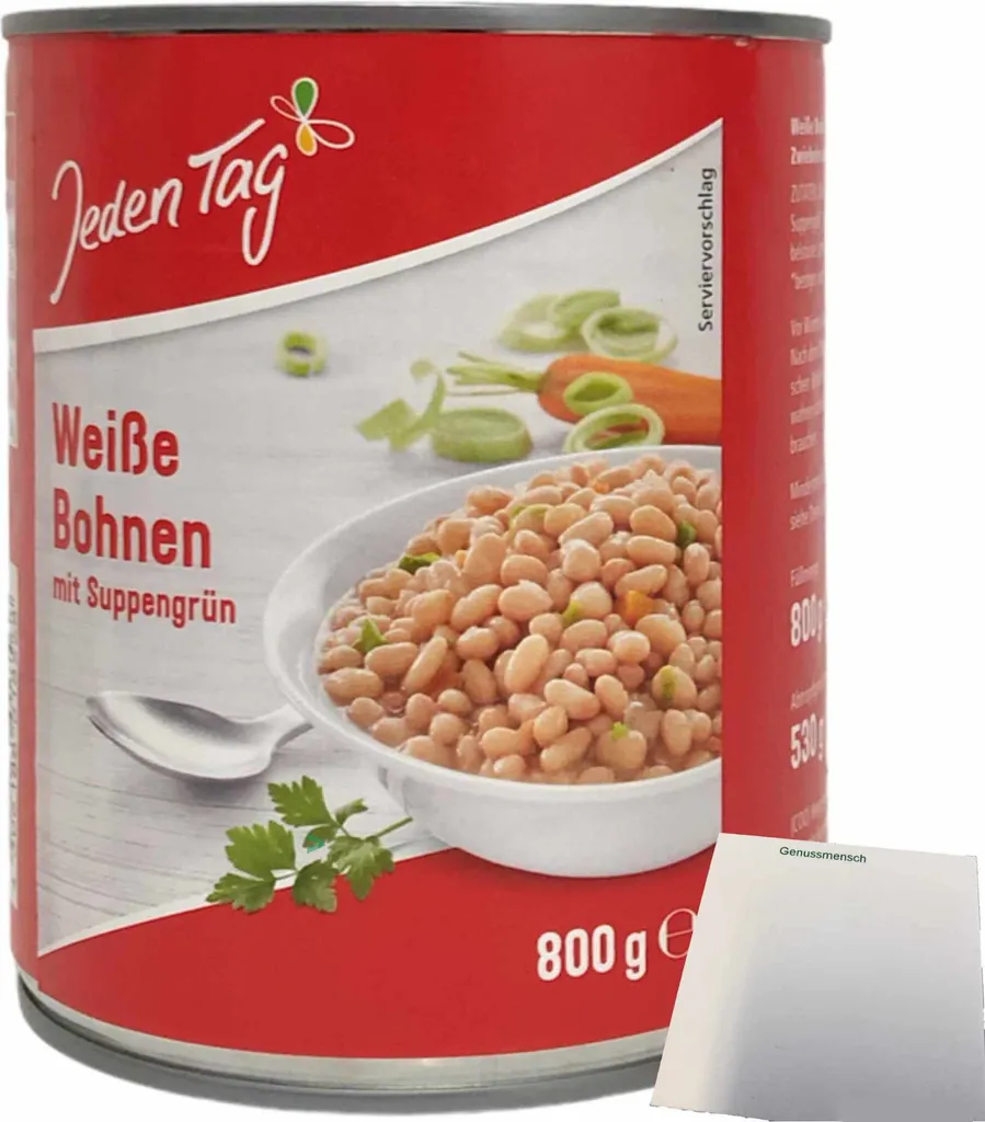 Every day white beans with soup vegetables (800g can) + usy block
